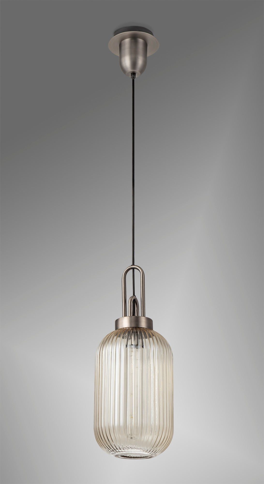 Cadiz 1 Light Pendant E27 20cm Tubular Ribbed Glass, Champagne Antique Silver/Black