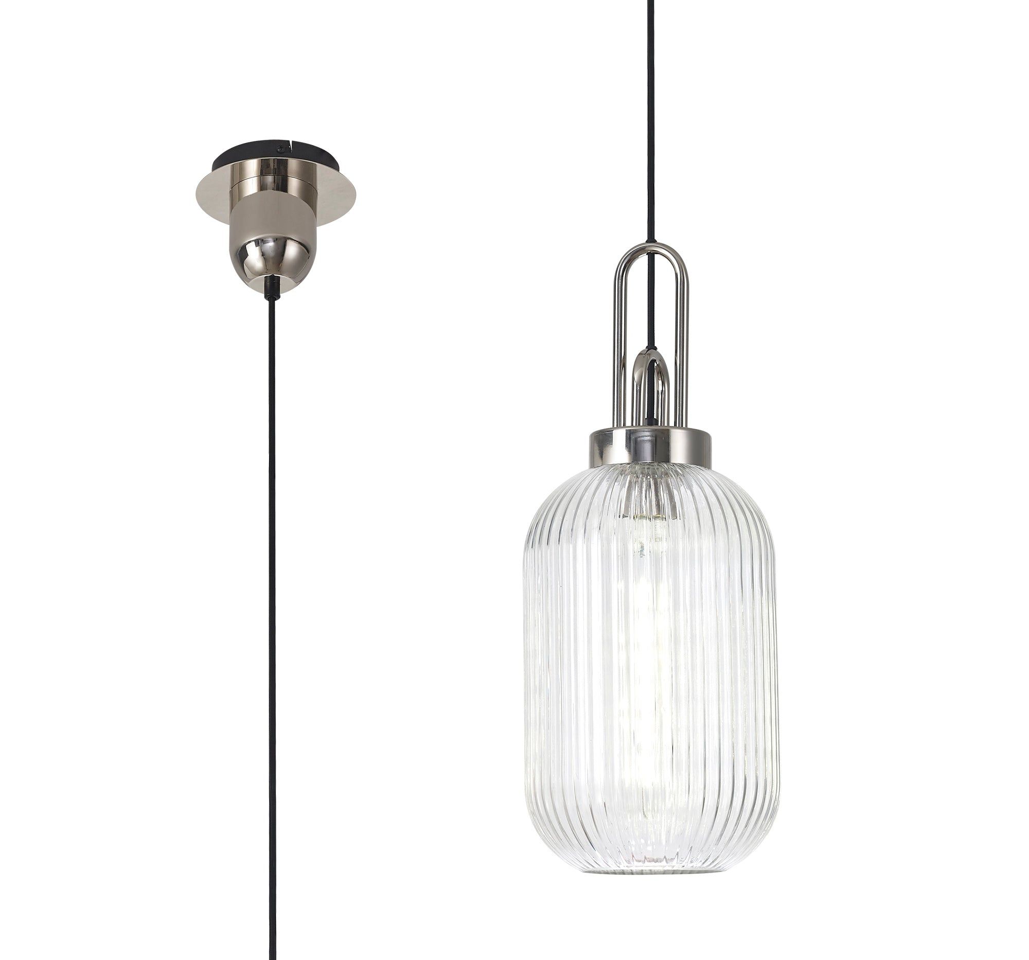 Cadiz 1 Light Pendant E27 With 20cm Tubular Ribbed Glass, Clear Polished Nickel/Matt Black