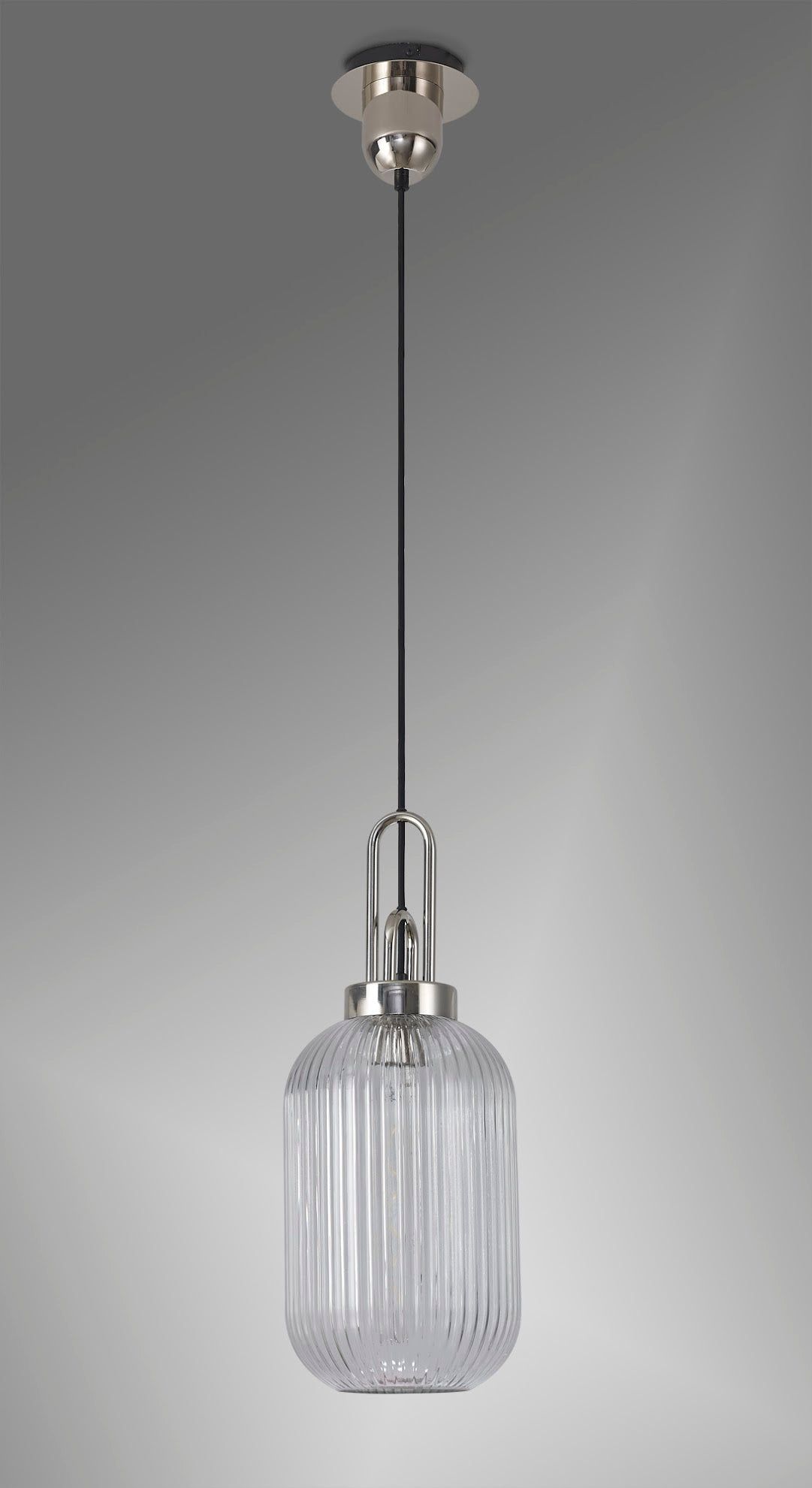 Cadiz 1 Light Pendant E27 With 20cm Tubular Ribbed Glass, Clear Polished Nickel/Matt Black