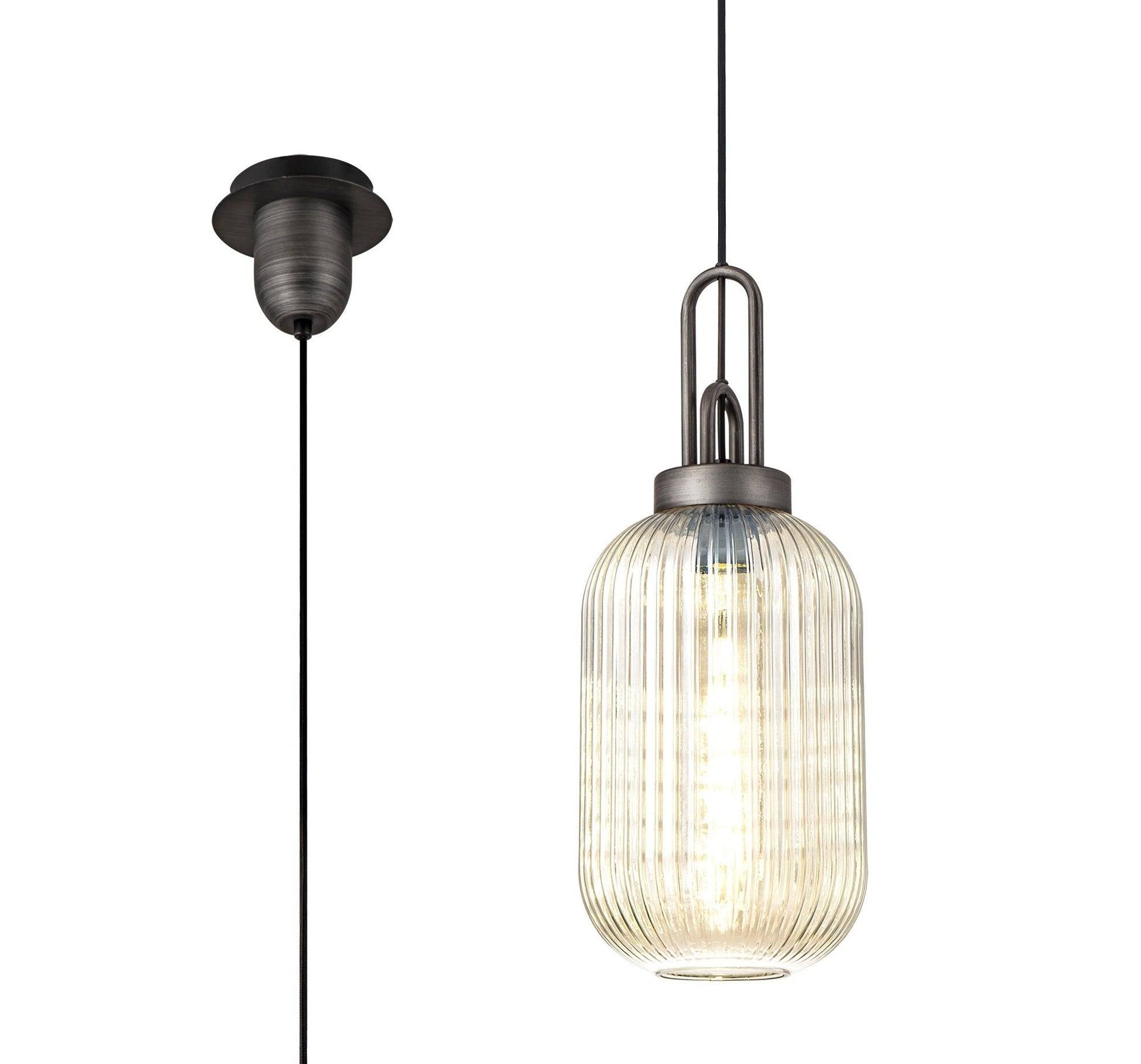 Cadiz 1 Light Pendant E27 20cm Tubular Ribbed Glass, Champagne Black/Aged Pewter