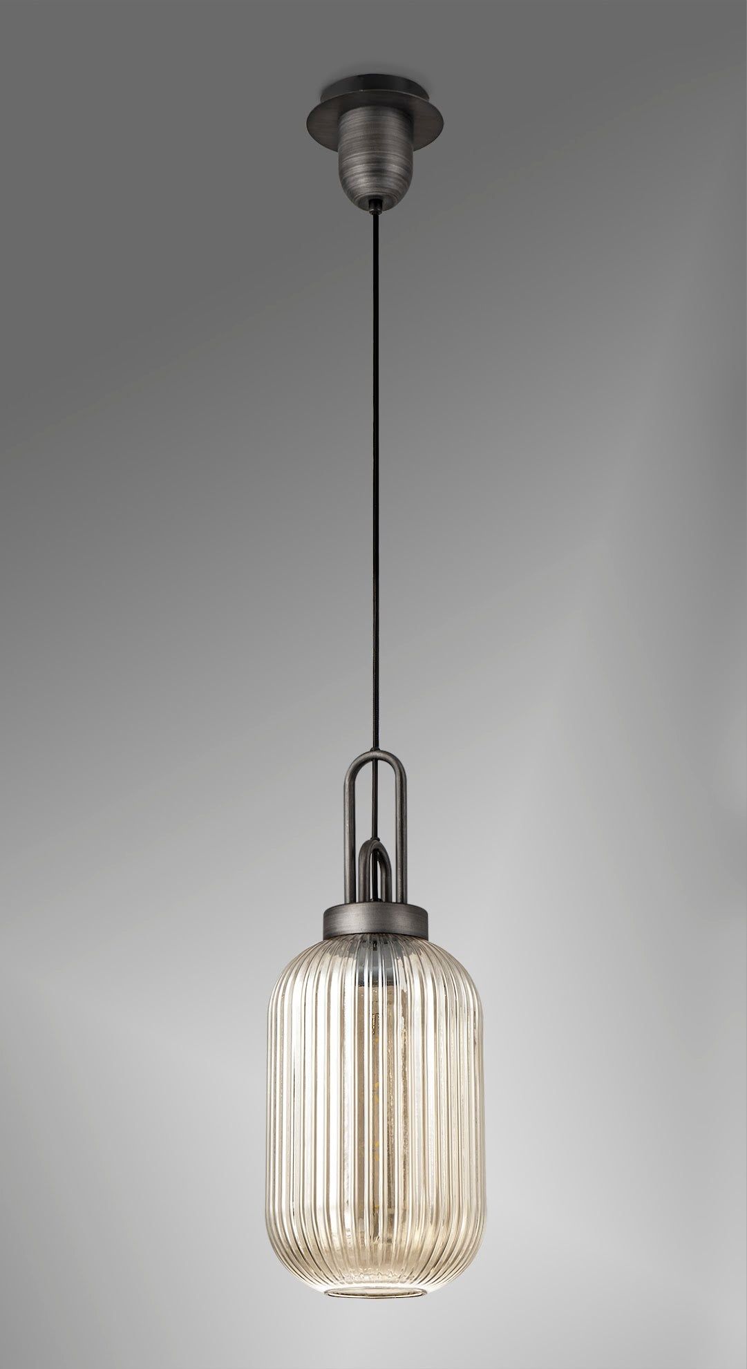 Cadiz 1 Light Pendant E27 20cm Tubular Ribbed Glass, Champagne Black/Aged Pewter
