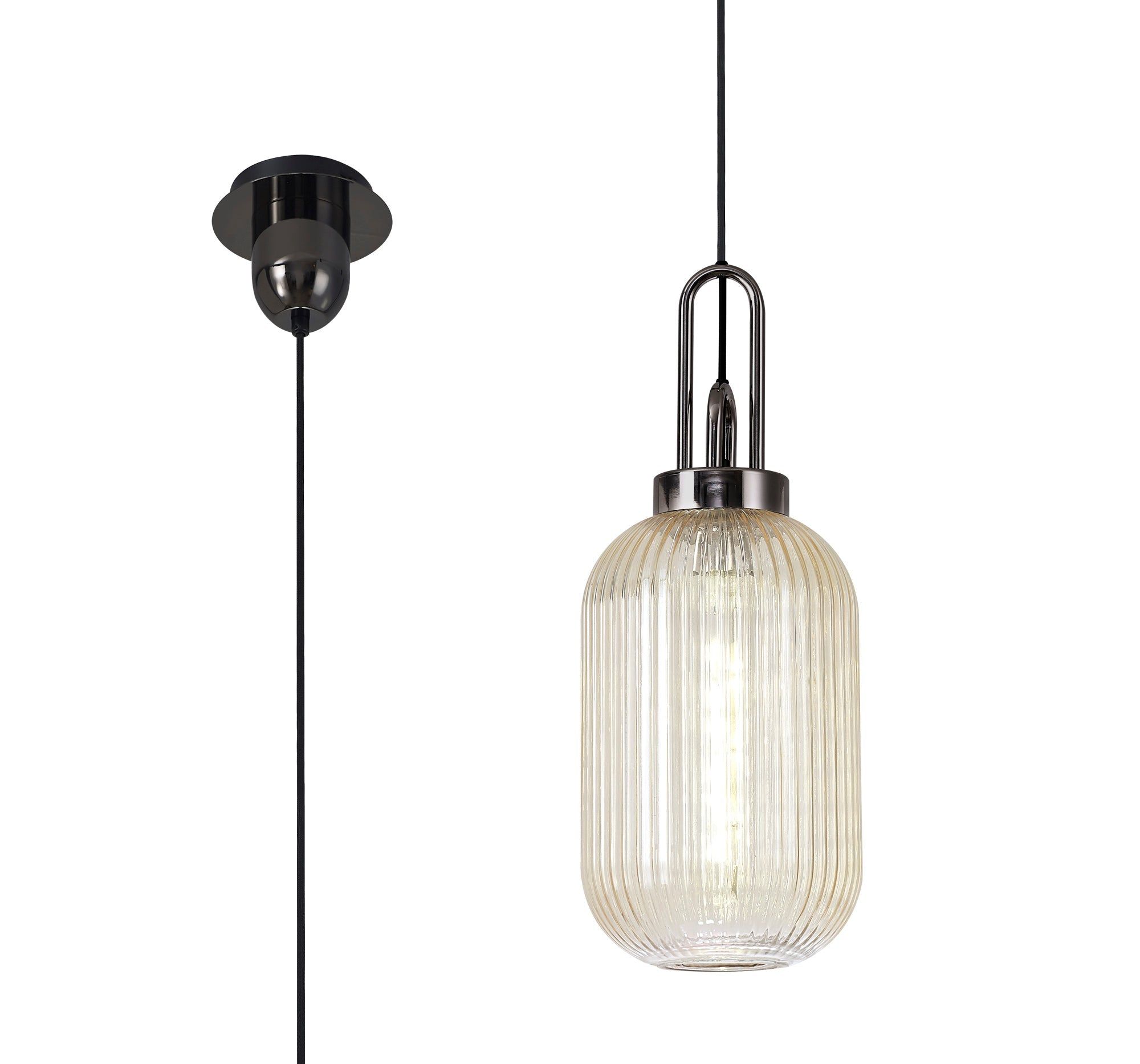 Cadiz 1 Light Pendant E27 With 20cm Tubular Ribbed Glass, Champagne Black Chrome/Matt Black