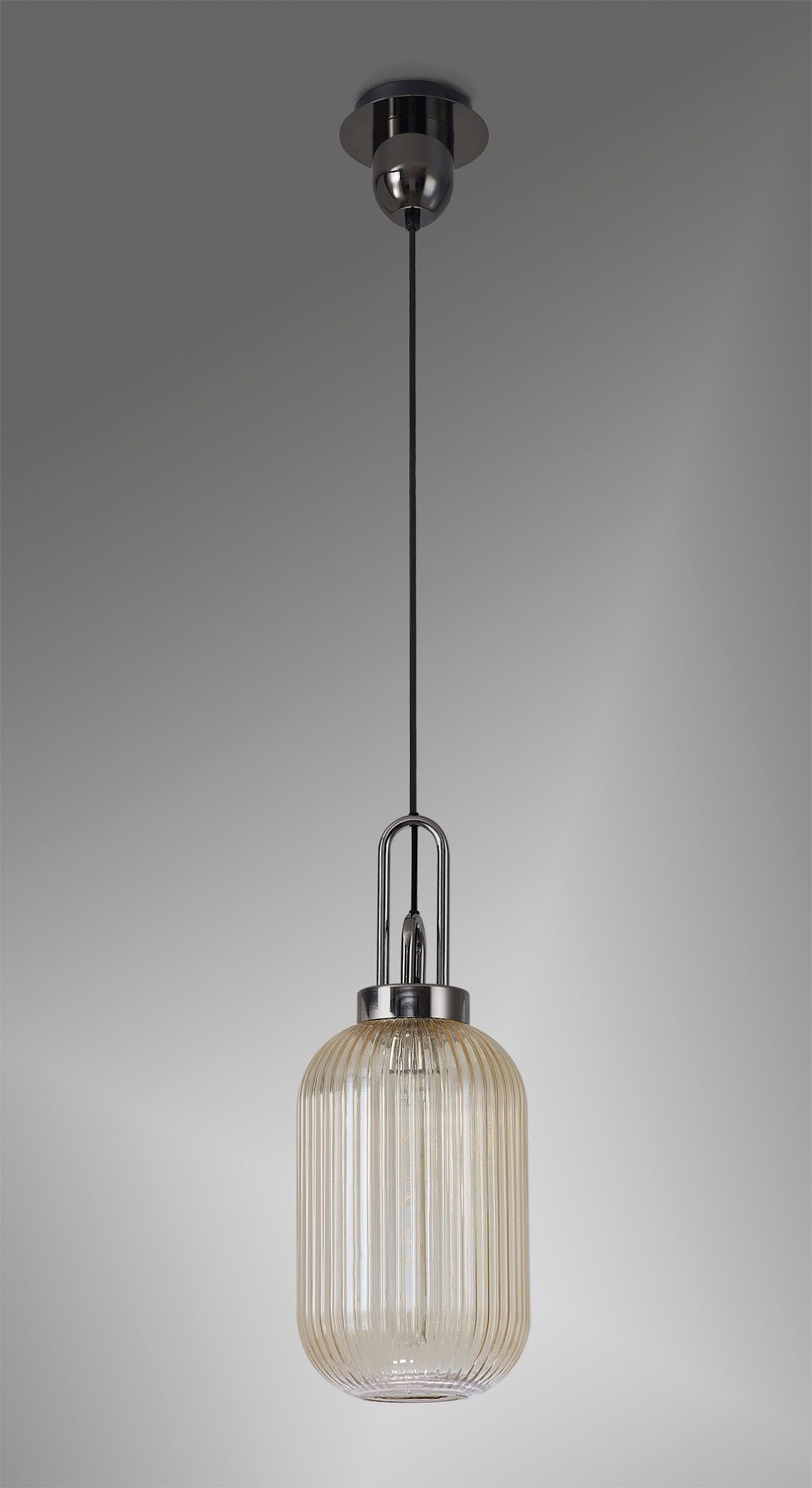 Cadiz 1 Light Pendant E27 With 20cm Tubular Ribbed Glass, Champagne Black Chrome/Matt Black