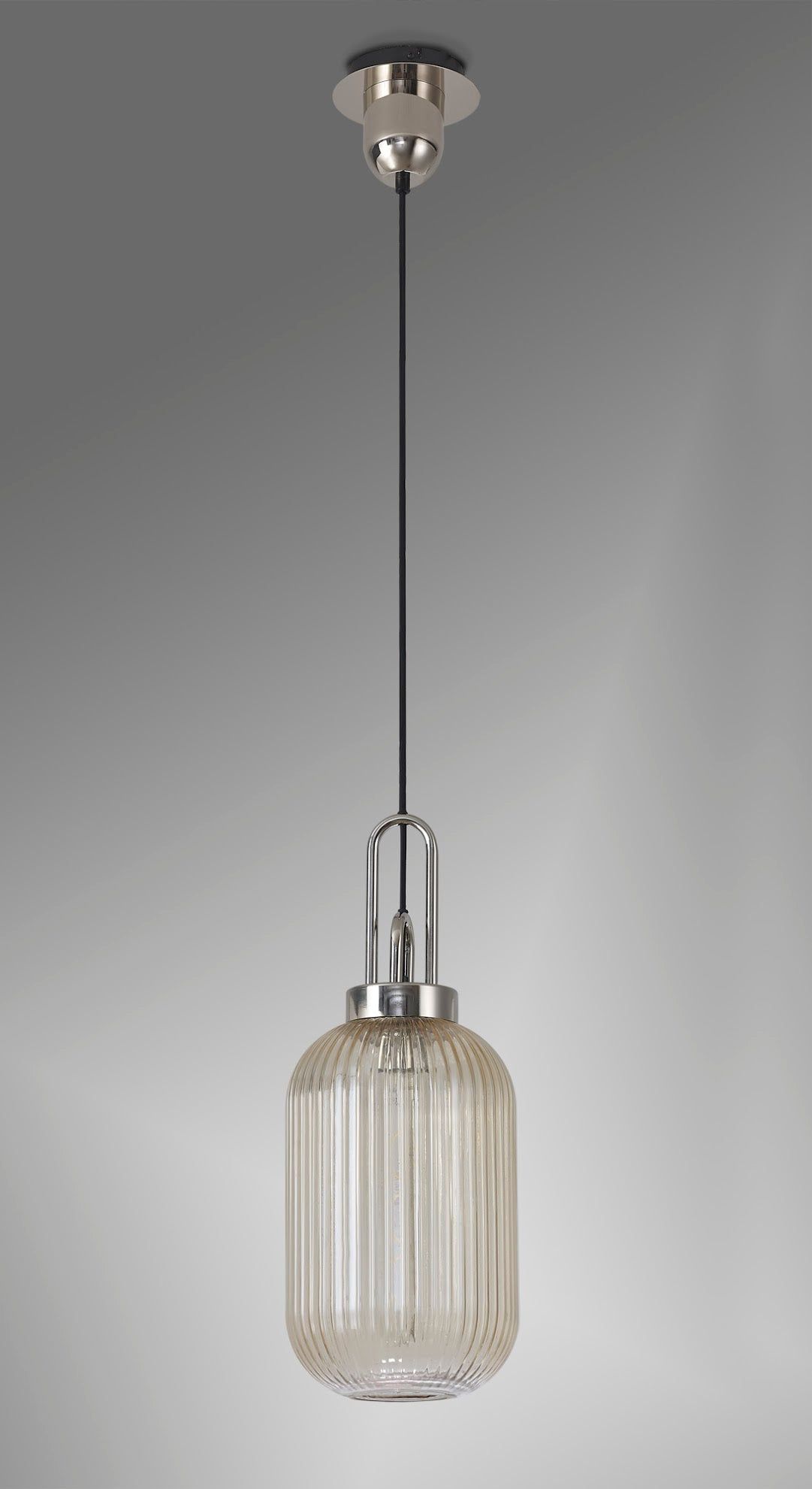 Cadiz 1 Light Pendant E27 With 20cm Tubular Ribbed Glass, Champagne Polished Nickel/Matt Black