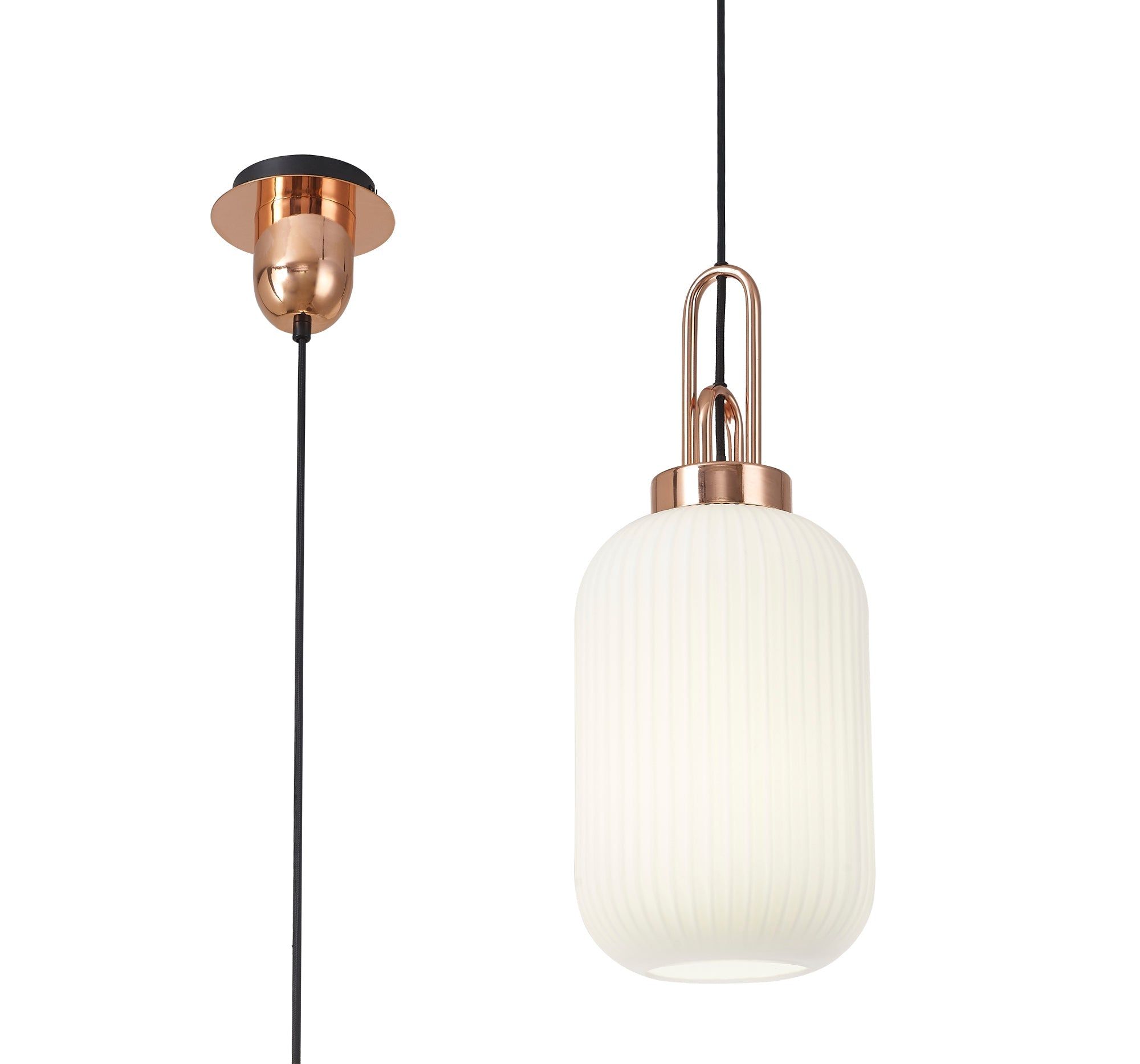 Cadiz 1 Light Pendant E27 With 20cm Tubular Ribbed Glass, Opal Copper/Matt Black