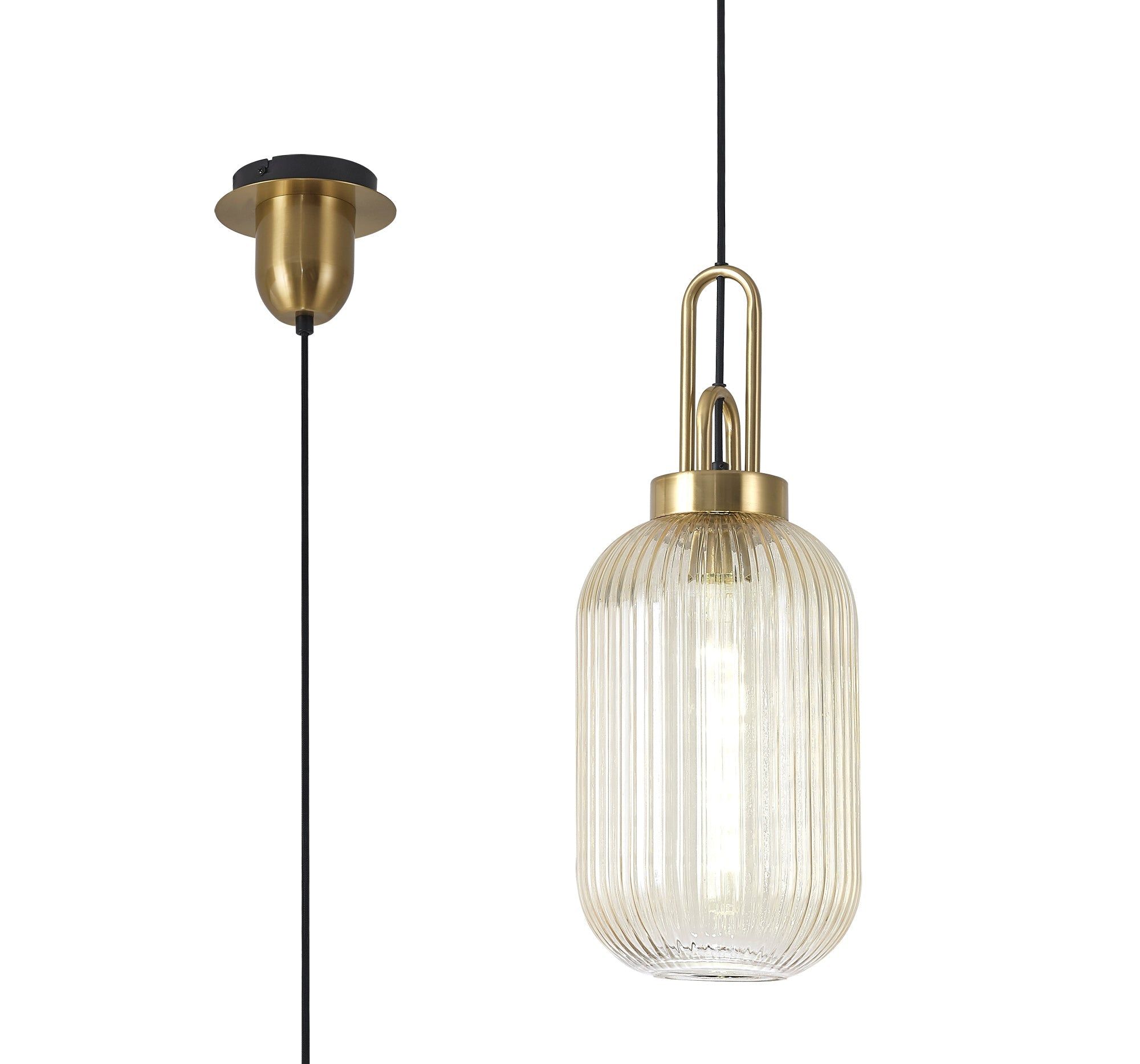 Cadiz 1 Light Pendant E27 With 20cm Tubular Ribbed Glass, Champagne Brass Gold/Matt Black