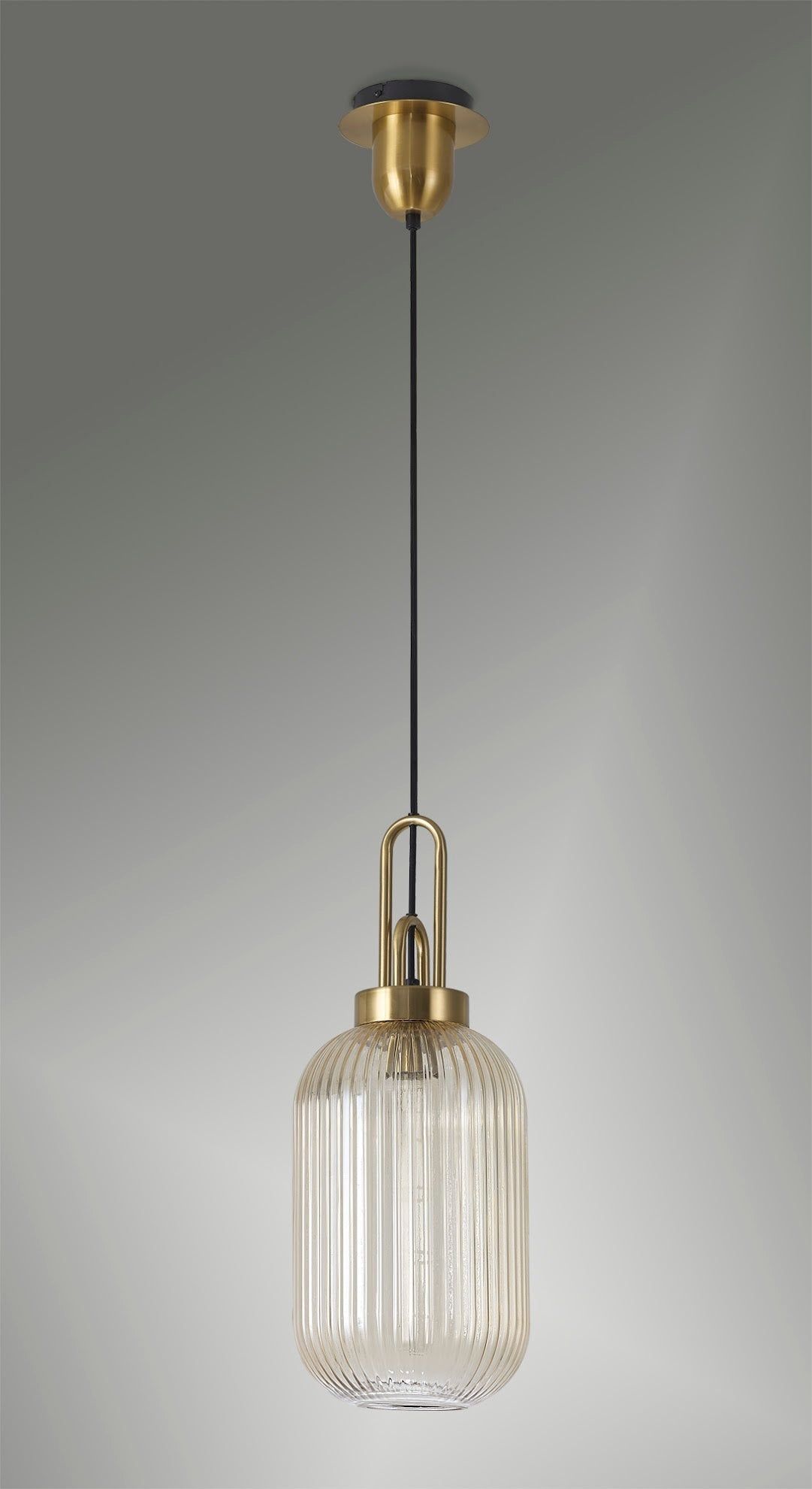 Cadiz 1 Light Pendant E27 With 20cm Tubular Ribbed Glass, Champagne Brass Gold/Matt Black