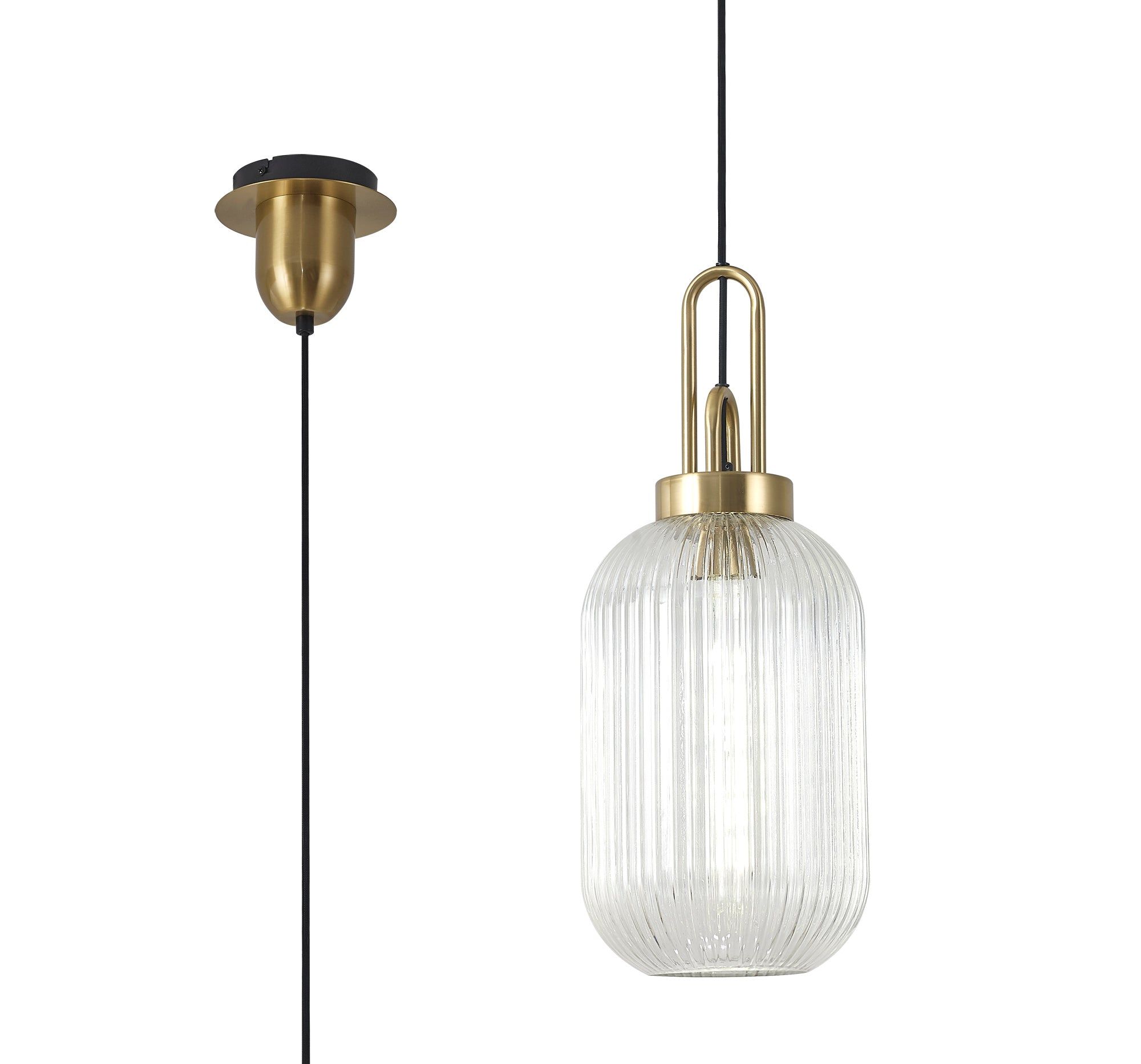 Cadiz 1 Light Pendant E27 With 20cm Tubular Ribbed Glass, Clear Brass Gold/Matt Black