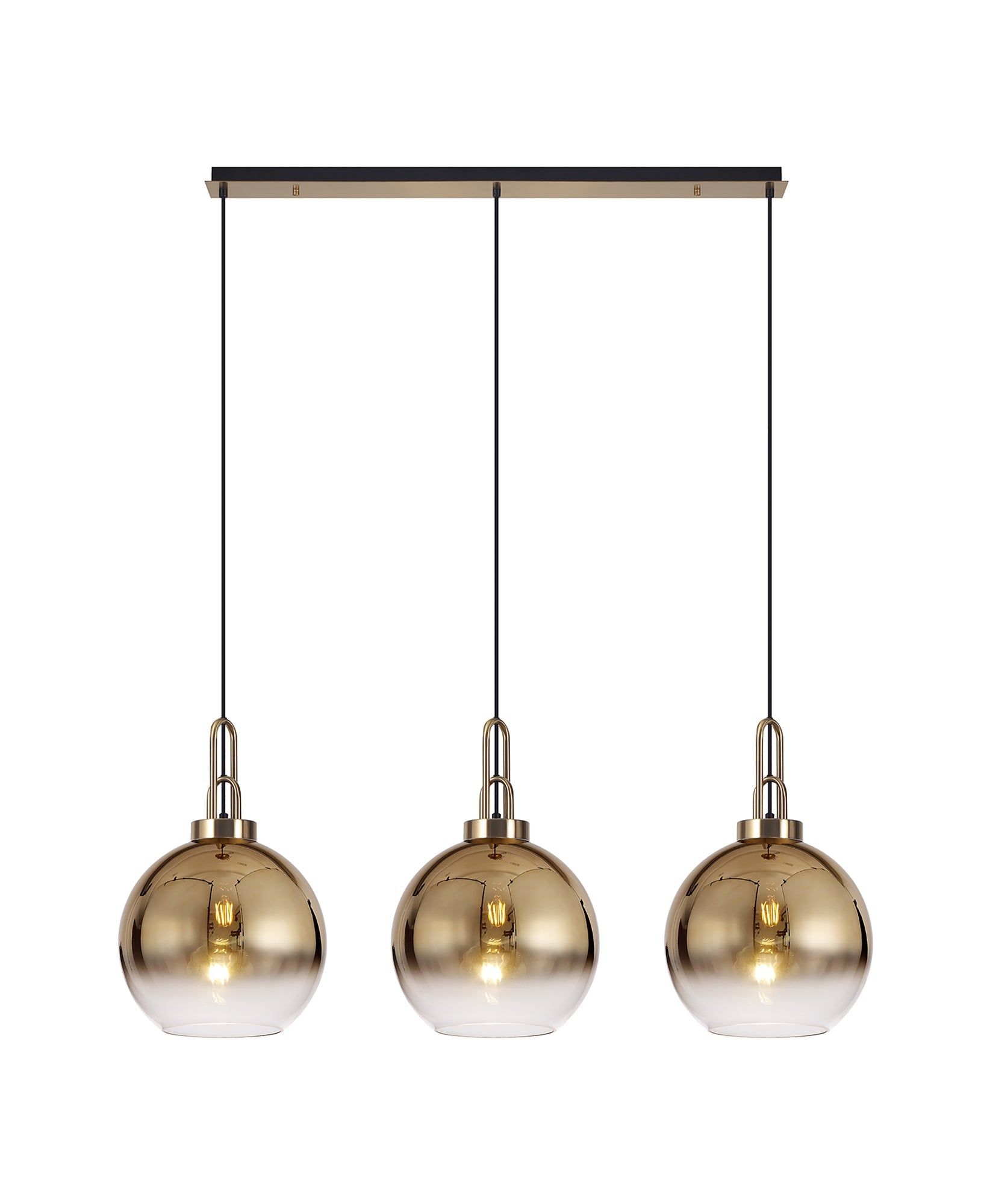 Cadiz Linear 3 Light Pendant E27 With 30cm Globe Glass, Brass Gold/Clear Brass Gold/Matt Black