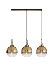 Cadiz Linear 3 Light Pendant E27 With 30cm Globe Glass, Brass Gold/Clear Brass Gold/Matt Black