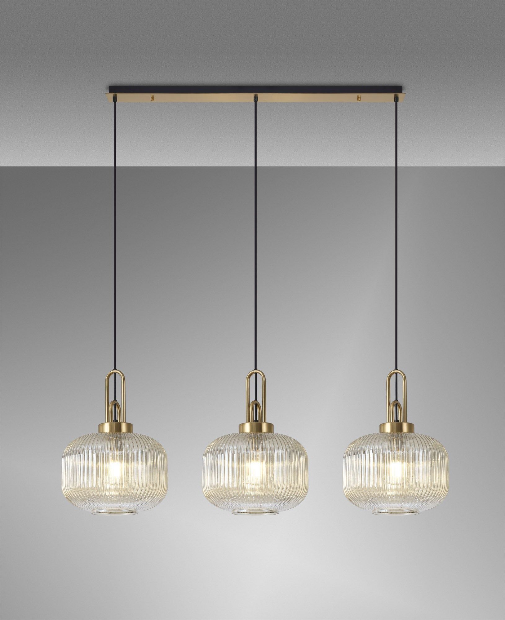 Cadiz Linear 3 Light Pendant E27, Brass Gold/Matt Black With 30cm Pumpkin Shaped Ribbed Champagne Glass