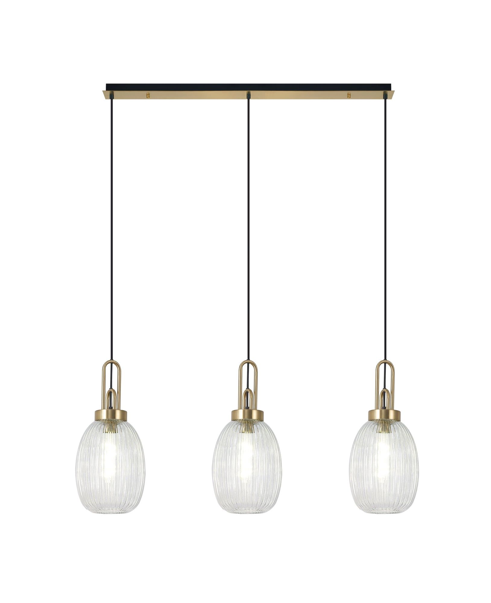 Cadiz Linear 3 Light Pendant E27 With 20cm Almond Ribbed Glass, Clear Brass Gold/Matt Black