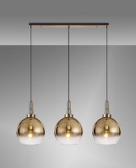 Cadiz Linear 3 Light Pendant E27 With 30cm Globe Glass, Brass Gold/Clear Brass Gold/Matt Black