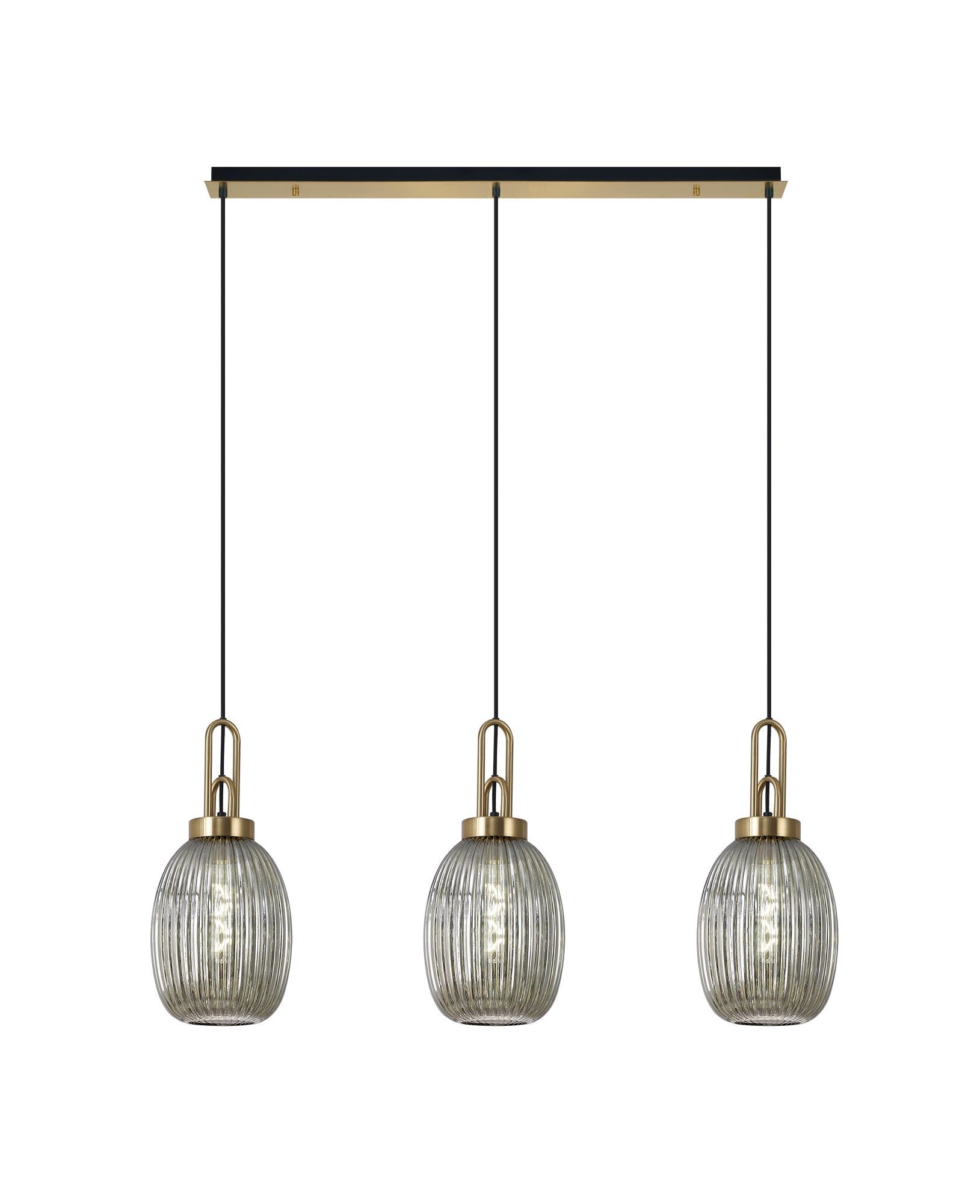 Cadiz Linear 3 Light Pendant E27 With 20cm Almond Ribbed Glass, Smoked Brass Gold/Matt Black