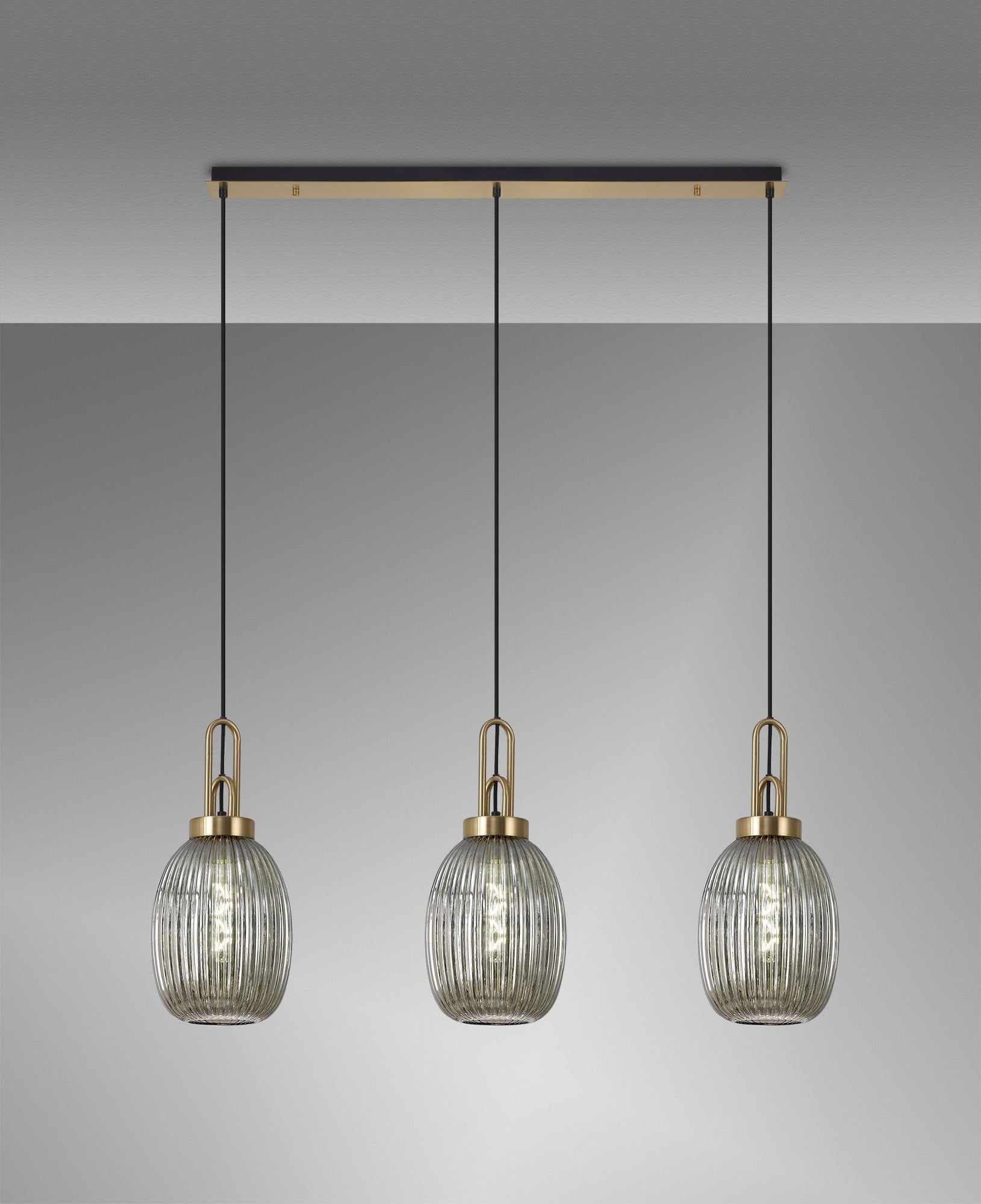 Cadiz Linear 3 Light Pendant E27 With 20cm Almond Ribbed Glass, Smoked Brass Gold/Matt Black