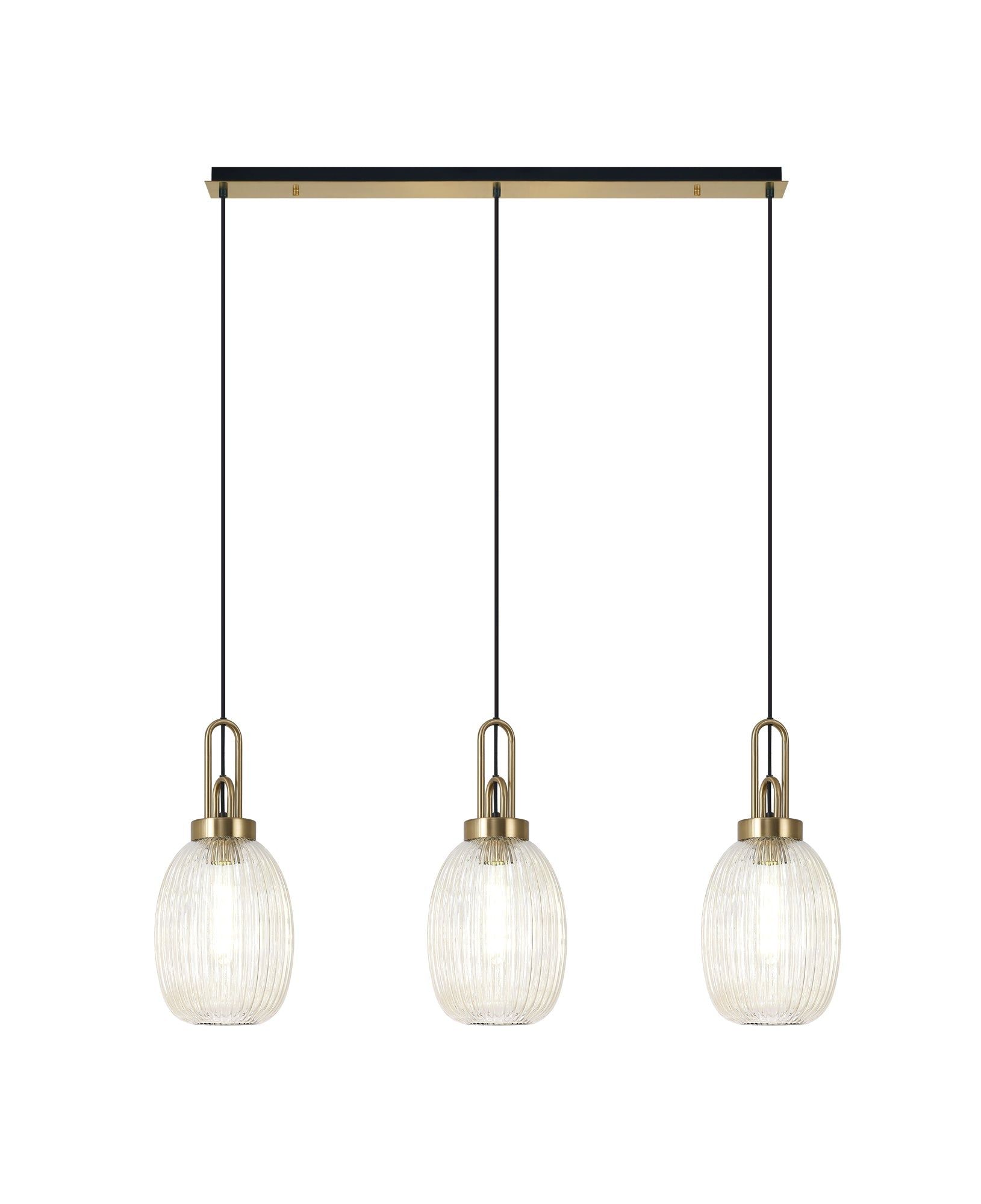 Cadiz Linear 3 Light Pendant E27 With 20cm Almond Ribbed Glass, Champagne Brass Gold/Matt Black