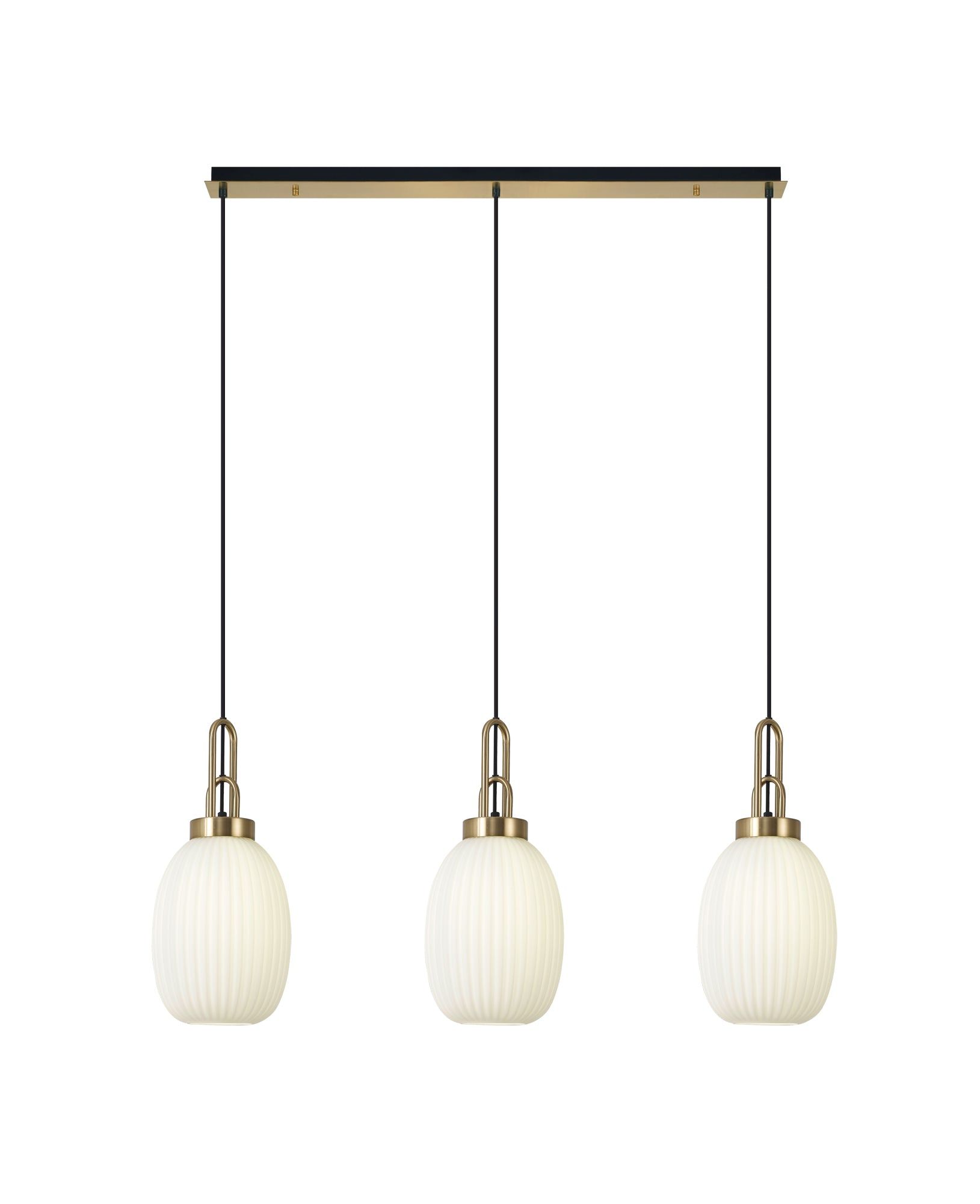 Cadiz Linear 3 Light Pendant E27 With 20cm Almond Ribbed Glass, Opal Brass Gold/Matt Black