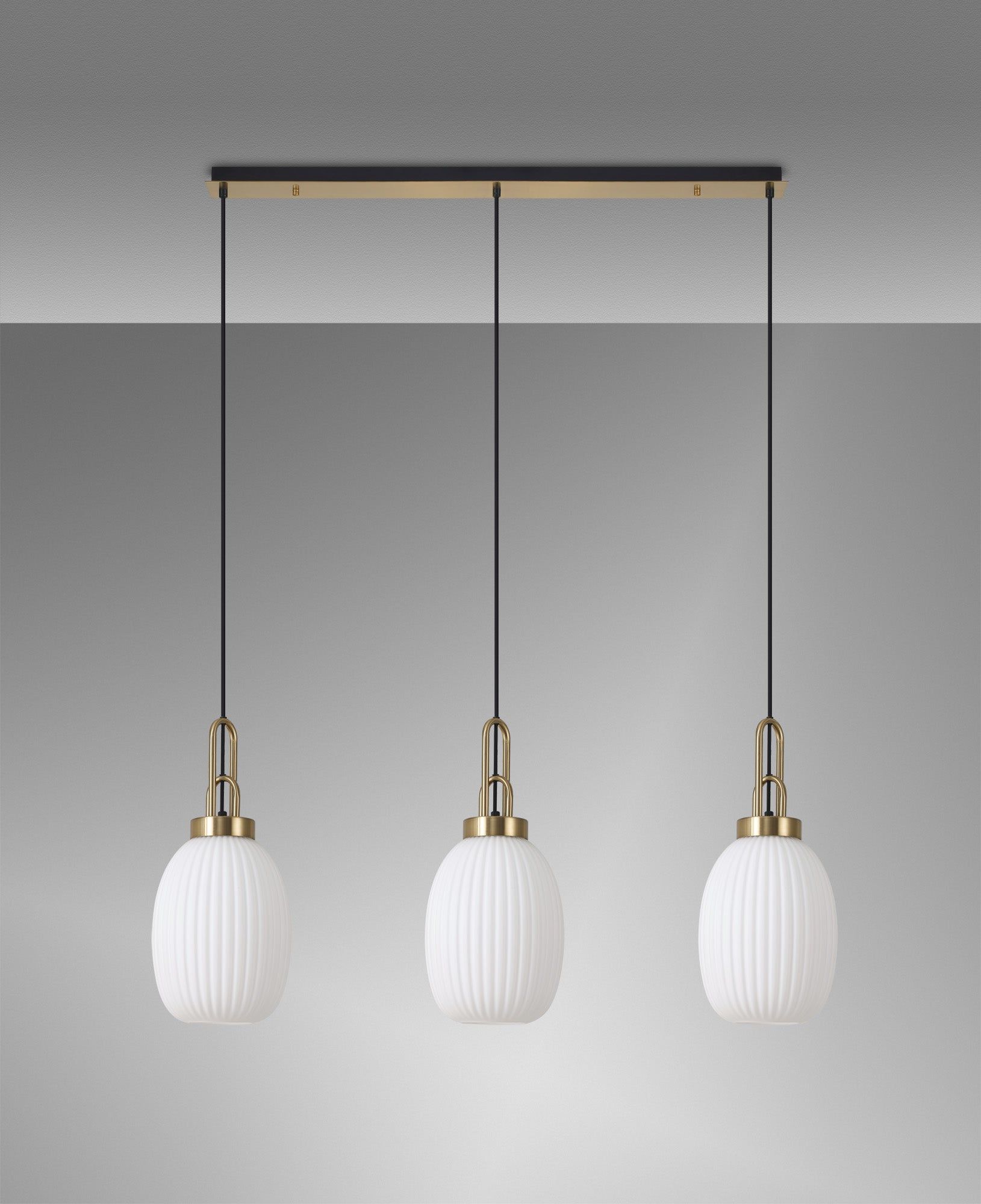 Cadiz Linear 3 Light Pendant E27 With 20cm Almond Ribbed Glass, Opal Brass Gold/Matt Black