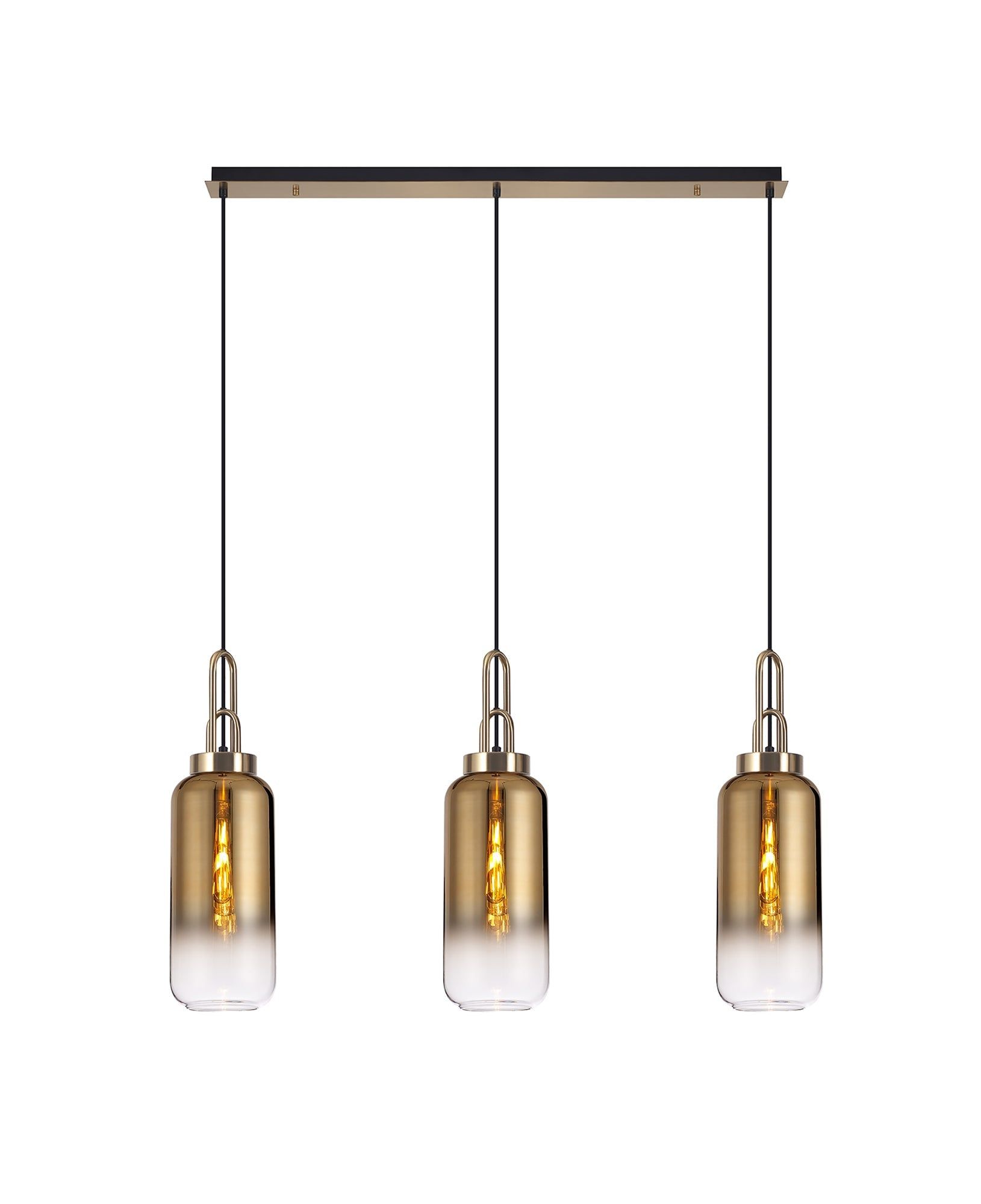 Cadiz Linear 3 Light Pendant E27 With 16cm Cylinder Glass, Brass Gold/Clear Brass Gold/Matt Black
