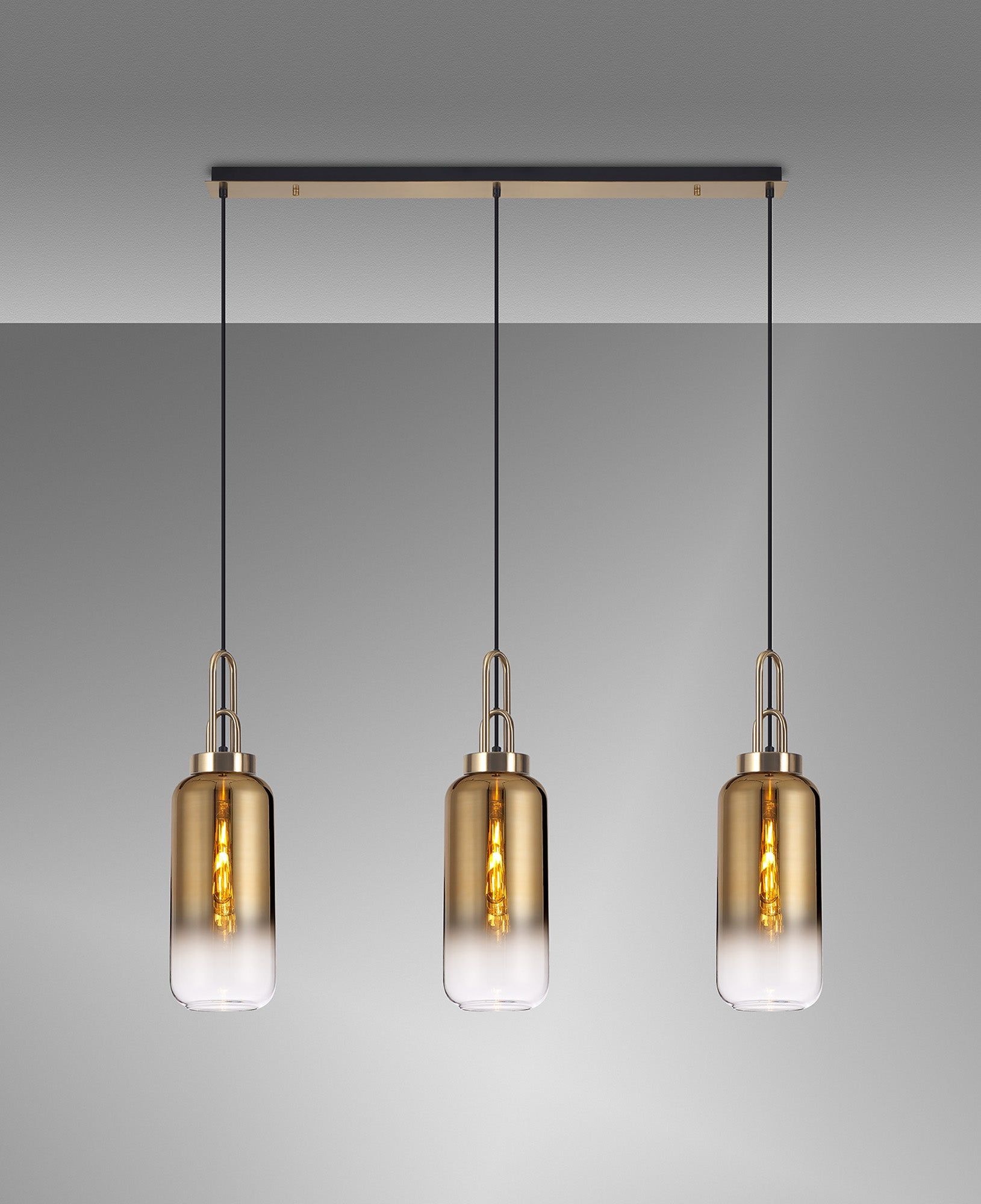 Cadiz Linear 3 Light Pendant E27 With 16cm Cylinder Glass, Brass Gold/Clear Brass Gold/Matt Black