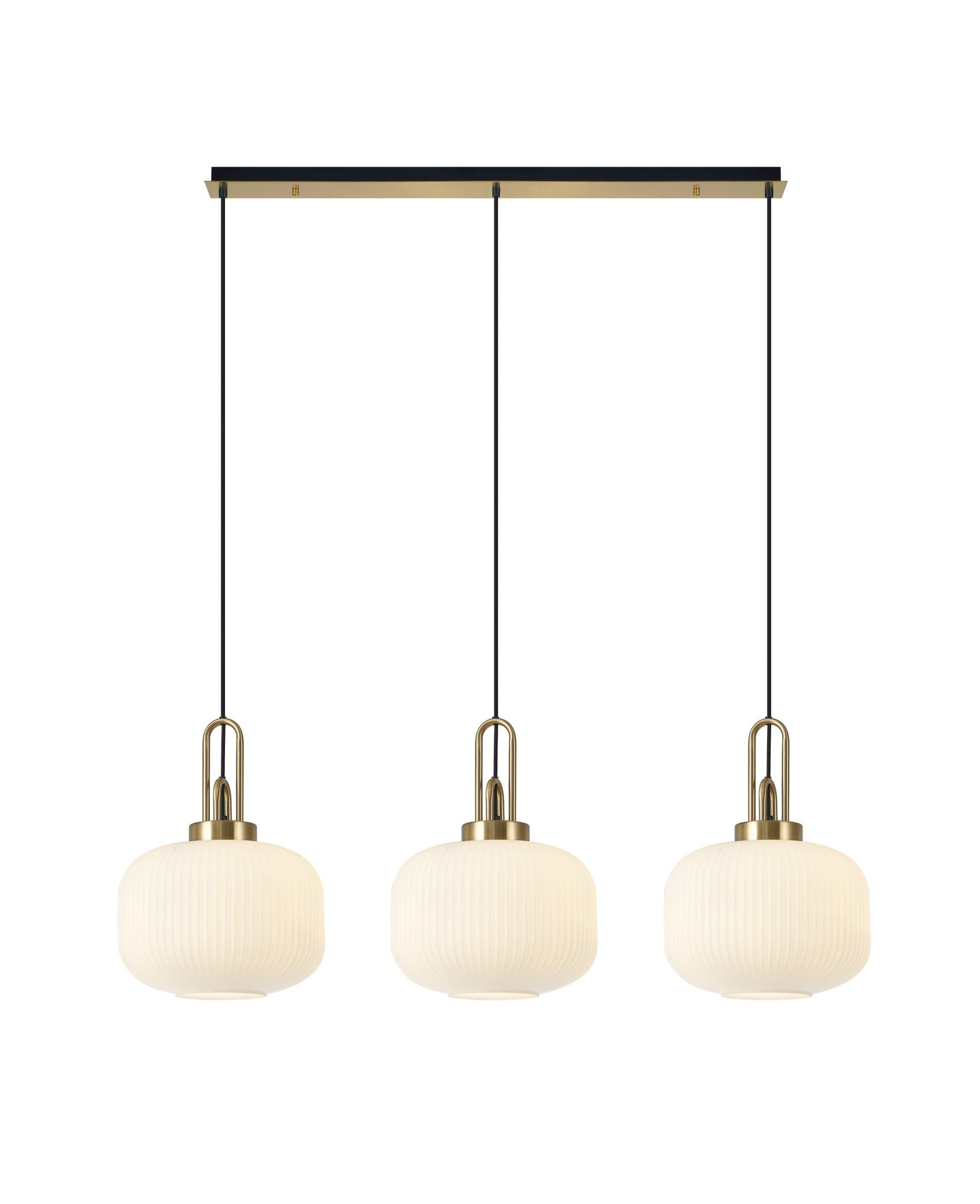 Cadiz Linear 3 Light Pendant E27, Brass Gold/Matt Black With 30cm Pumpkin Shaped Ribbed Opal Glass