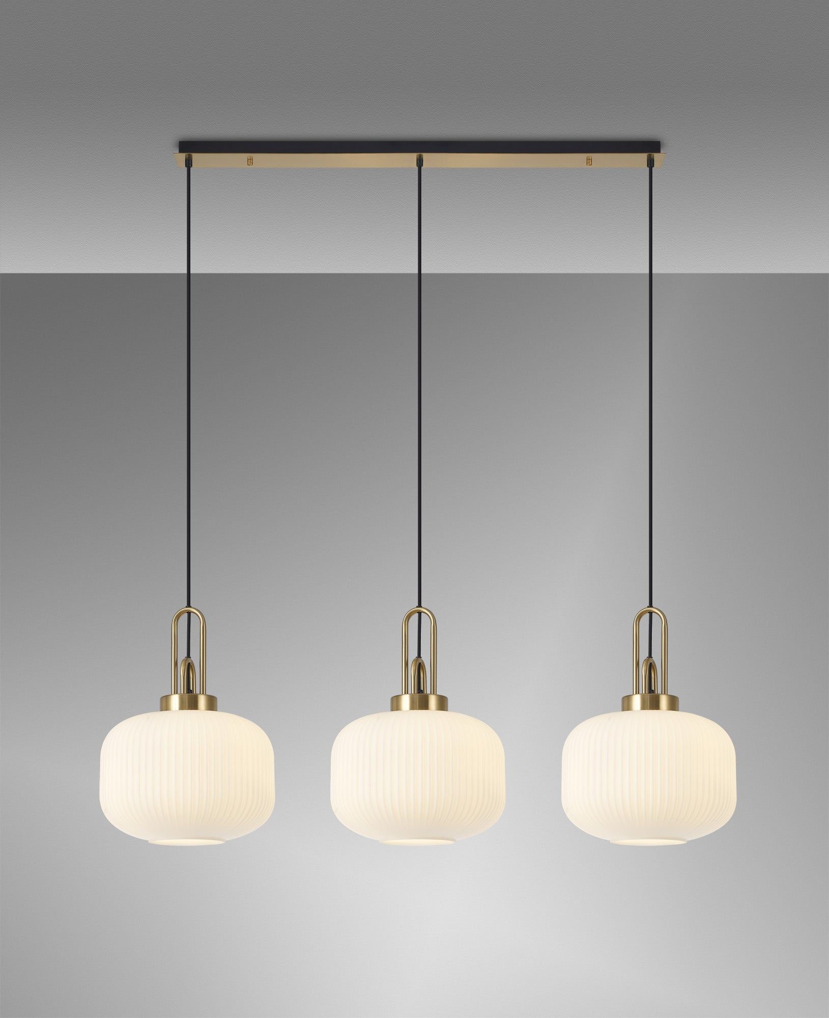 Cadiz Linear 3 Light Pendant E27, Brass Gold/Matt Black With 30cm Pumpkin Shaped Ribbed Opal Glass