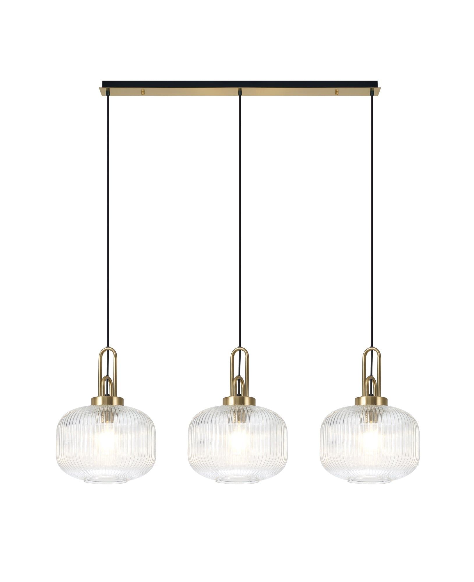 Cadiz Linear 3 Light Pendant E27, Brass Gold/Matt Black With 30cm Pumpkin Shaped Ribbed Clear Glass