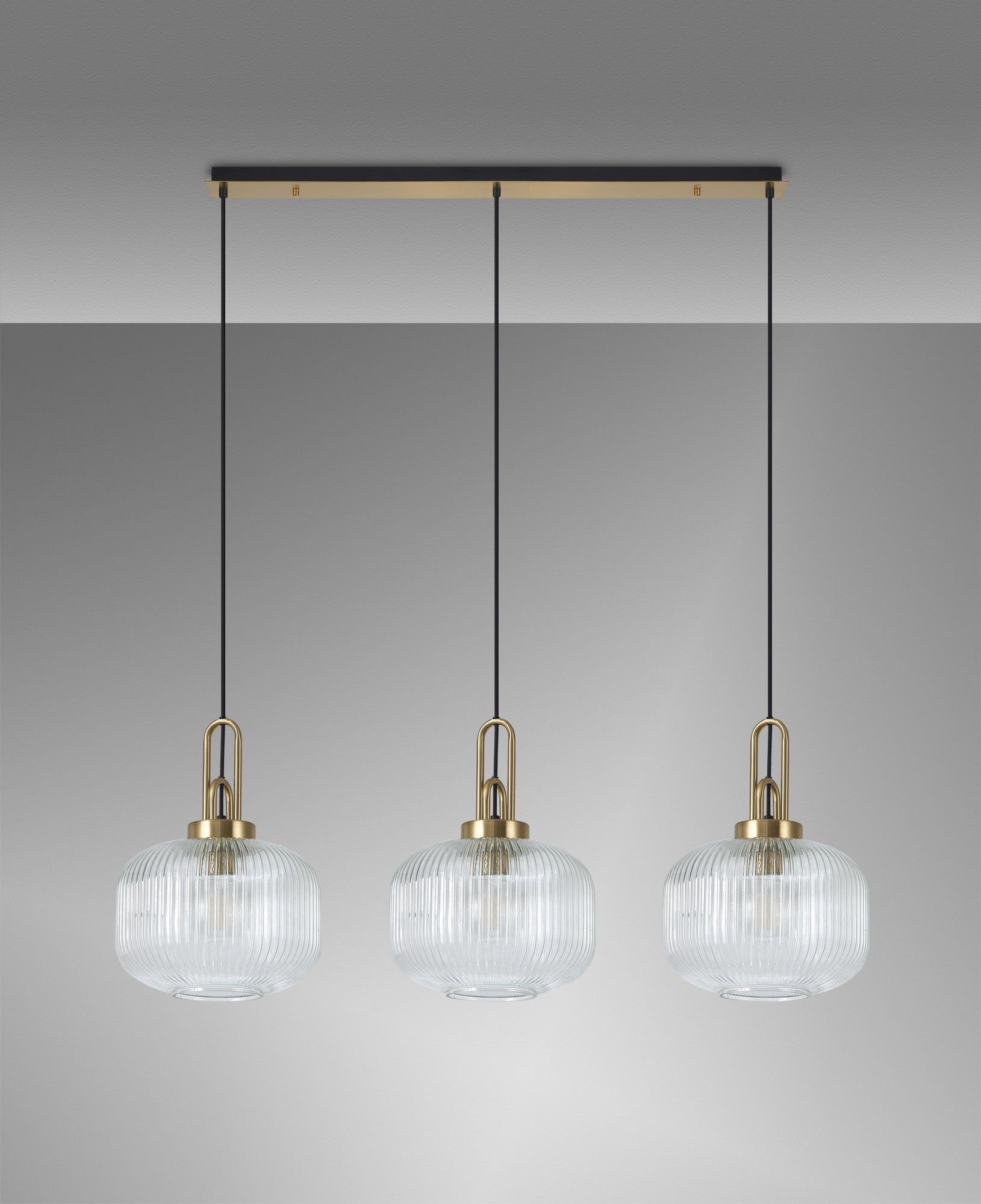 Cadiz Linear 3 Light Pendant E27, Brass Gold/Matt Black With 30cm Pumpkin Shaped Ribbed Clear Glass