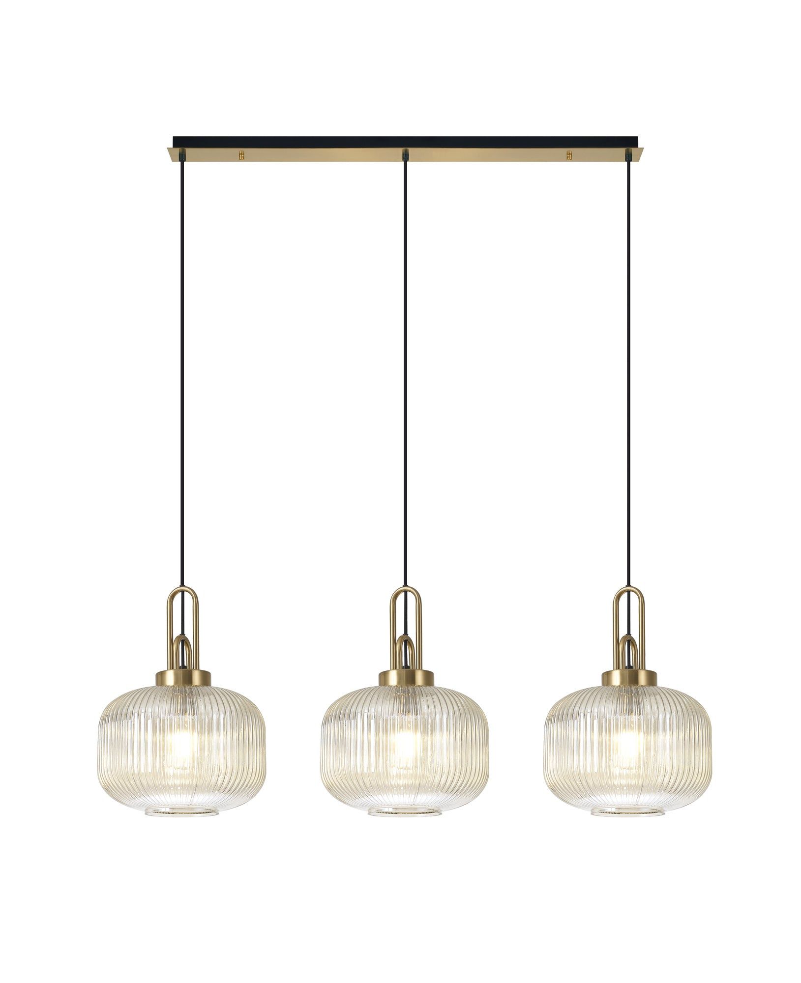 Cadiz Linear 3 Light Pendant E27, Brass Gold/Matt Black With 30cm Pumpkin Shaped Ribbed Champagne Glass