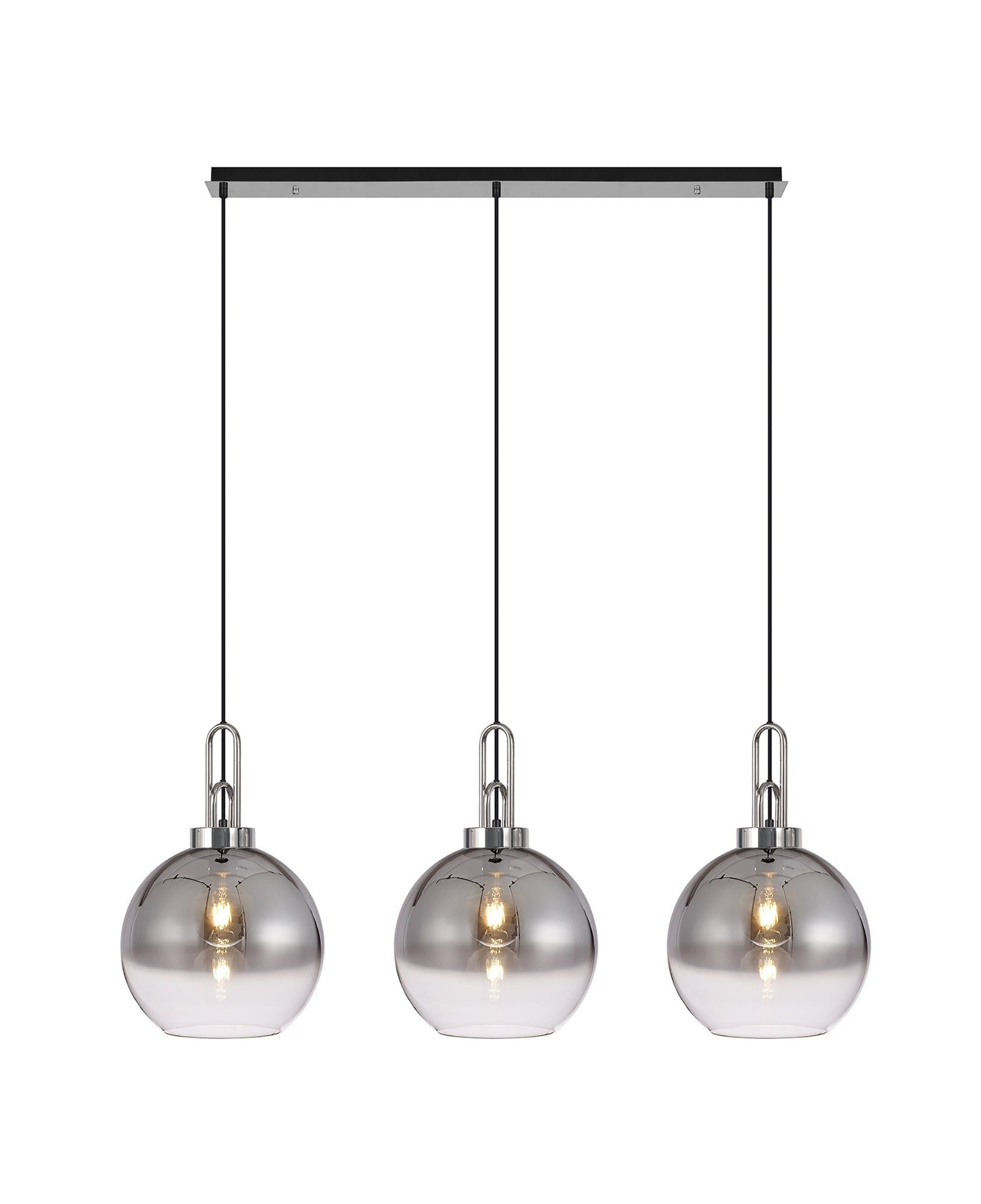 Cadiz Linear 3 Light Pendant E27 With 30cm Globe Glass, Smoked/Clear Polished Nickel/Matt Black