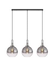 Cadiz Linear 3 Light Pendant E27 With 30cm Globe Glass, Smoked/Clear Polished Nickel/Matt Black