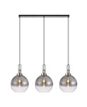 Cadiz Linear 3 Light Pendant E27 With 30cm Globe Glass, Smoked/Clear Polished Nickel/Matt Black