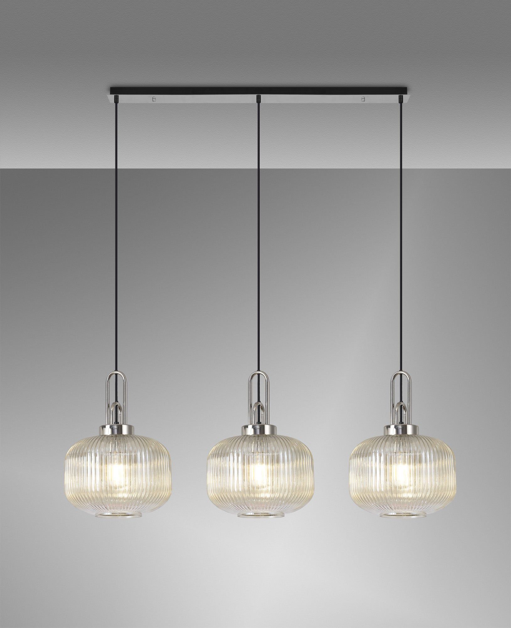 Cadiz Linear 3 Light Pendant E27, Polished Nickel/Matt Black With 30cm Pumpkin Shaped Ribbed Champagne Glass