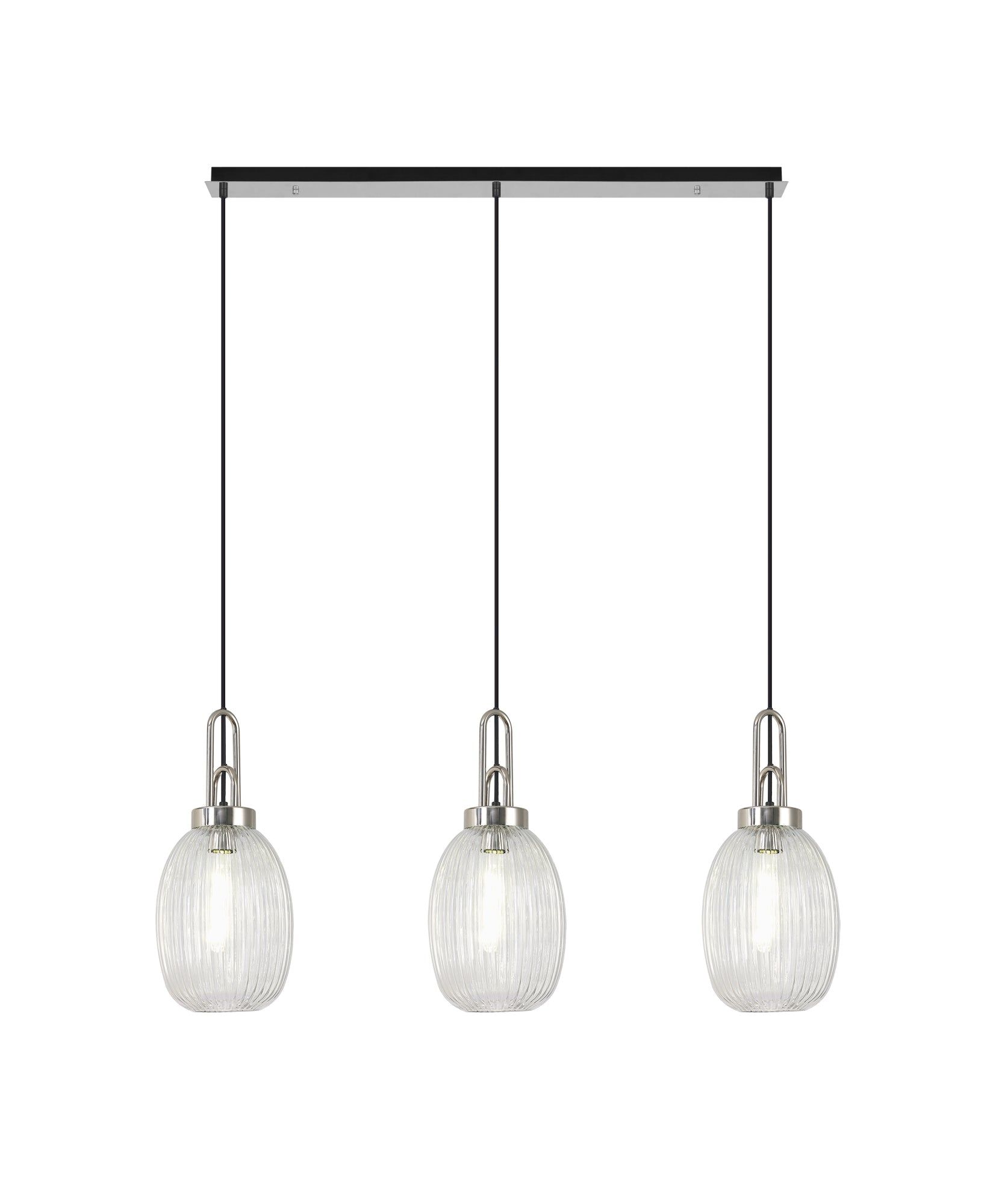 Cadiz Linear 3 Light Pendant E27 With 20cm Tubular Ribbed Glass, Smoked Polished Nickel/Matt Black