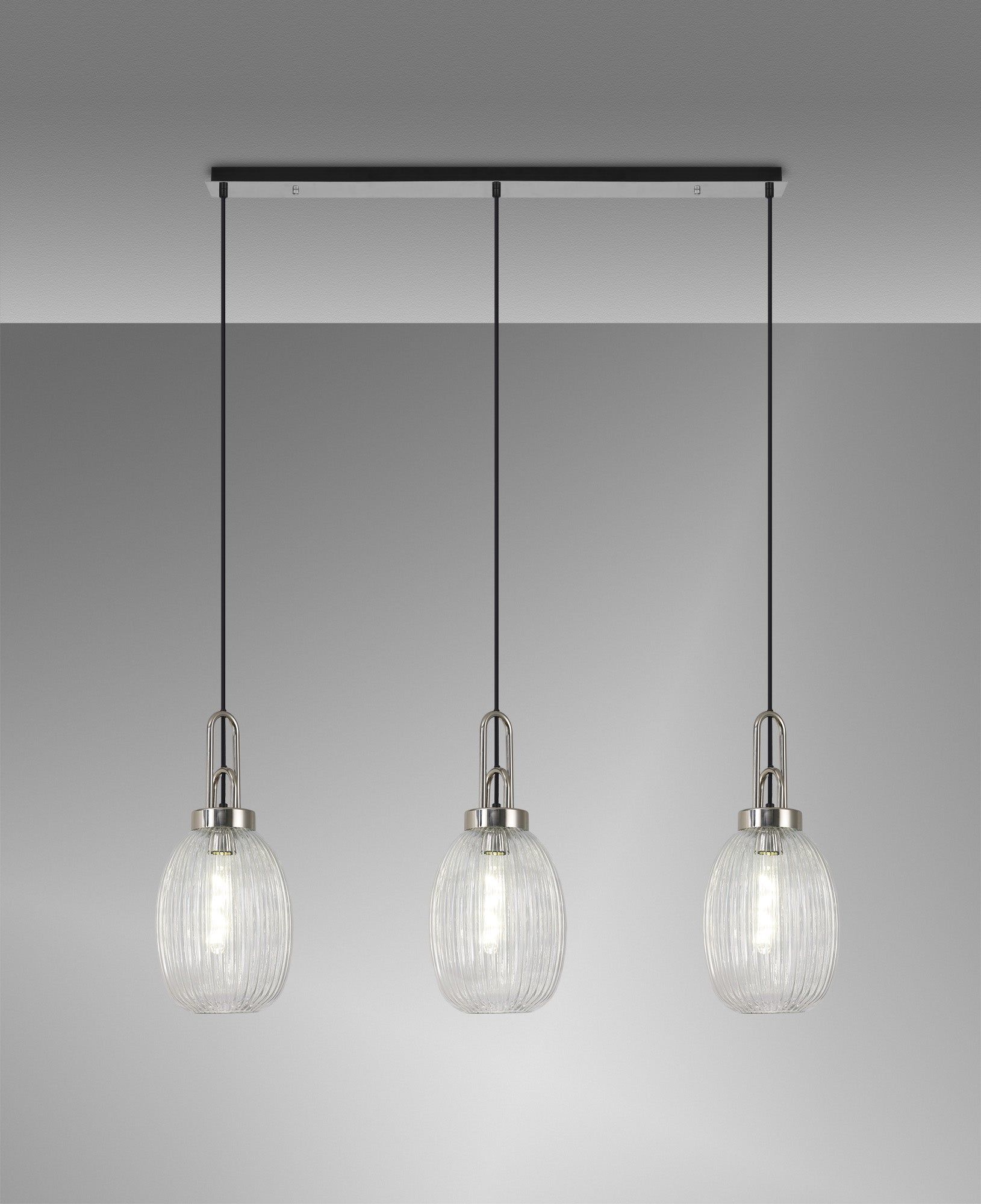 Cadiz Linear 3 Light Pendant E27 With 20cm Almond Ribbed Glass, Clear Polished Nickel/Matt Black