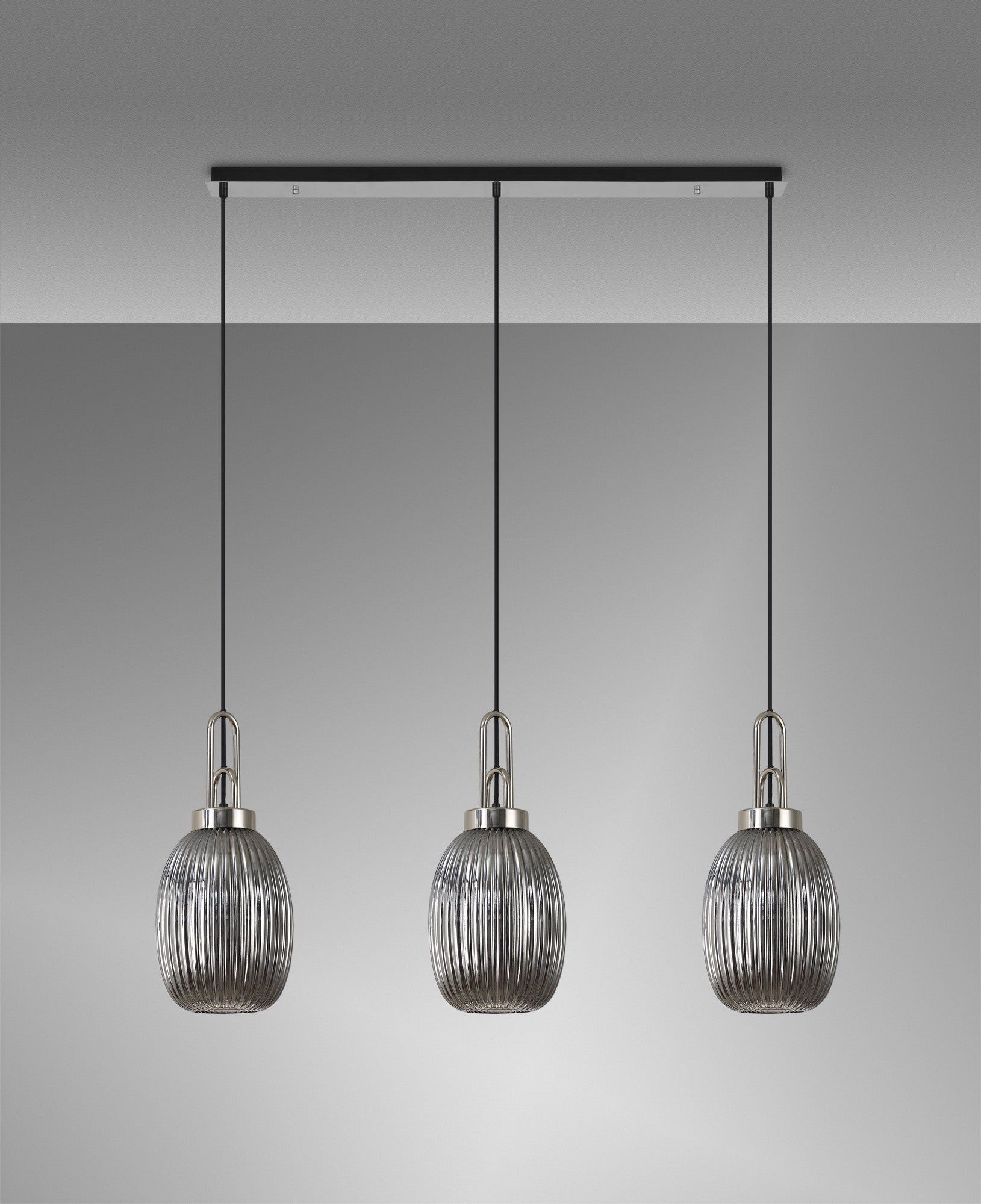 Cadiz Linear 3 Light Pendant E27 With 20cm Almond Ribbed Glass, Smoked Polished Nickel/Matt Black