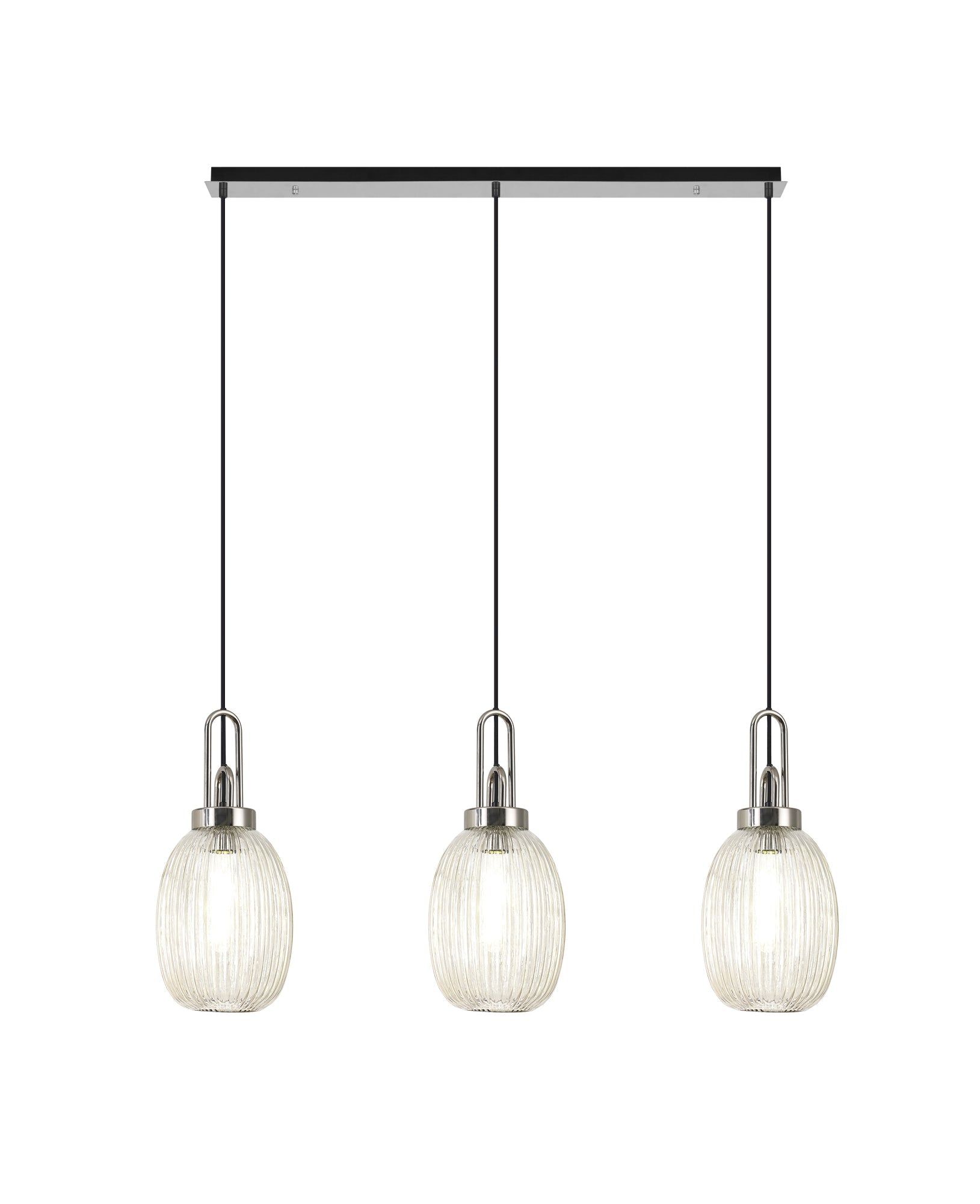 Cadiz Linear 3 Light Pendant E27 With 20cm Almond Ribbed Glass, Smoked Polished Nickel/Matt Black