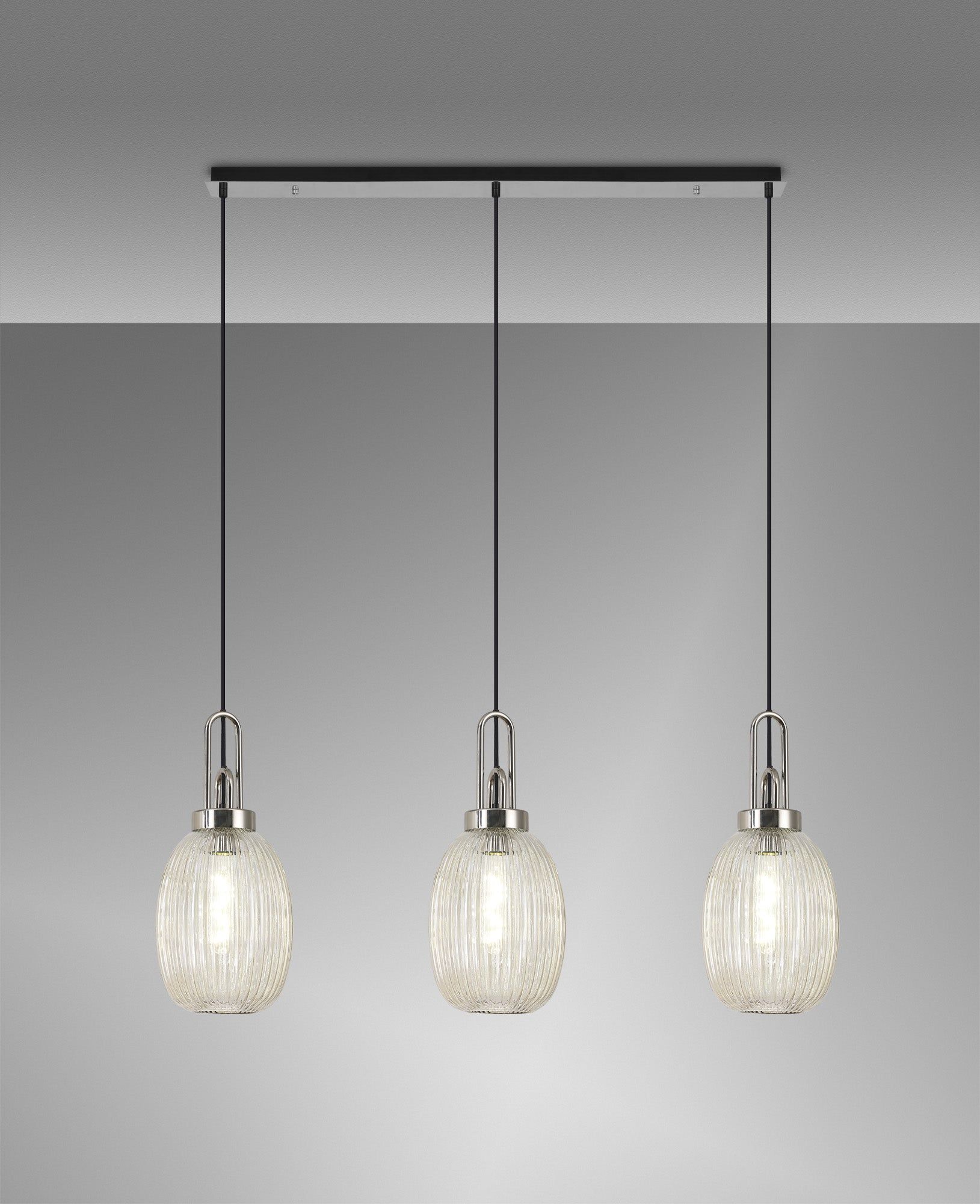 Cadiz Linear 3 Light Pendant E27 With 20cm Almond Ribbed Glass, Champagne Polished Nickel/Matt Black