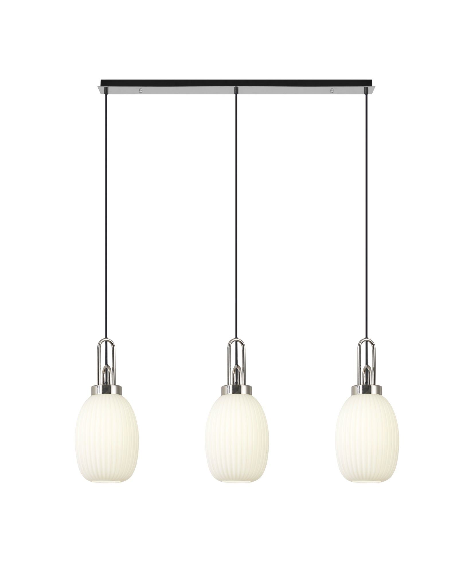 Cadiz Linear 3 Light Pendant E27 With 20cm Almond Ribbed Glass, Champagne Polished Nickel/Matt Black