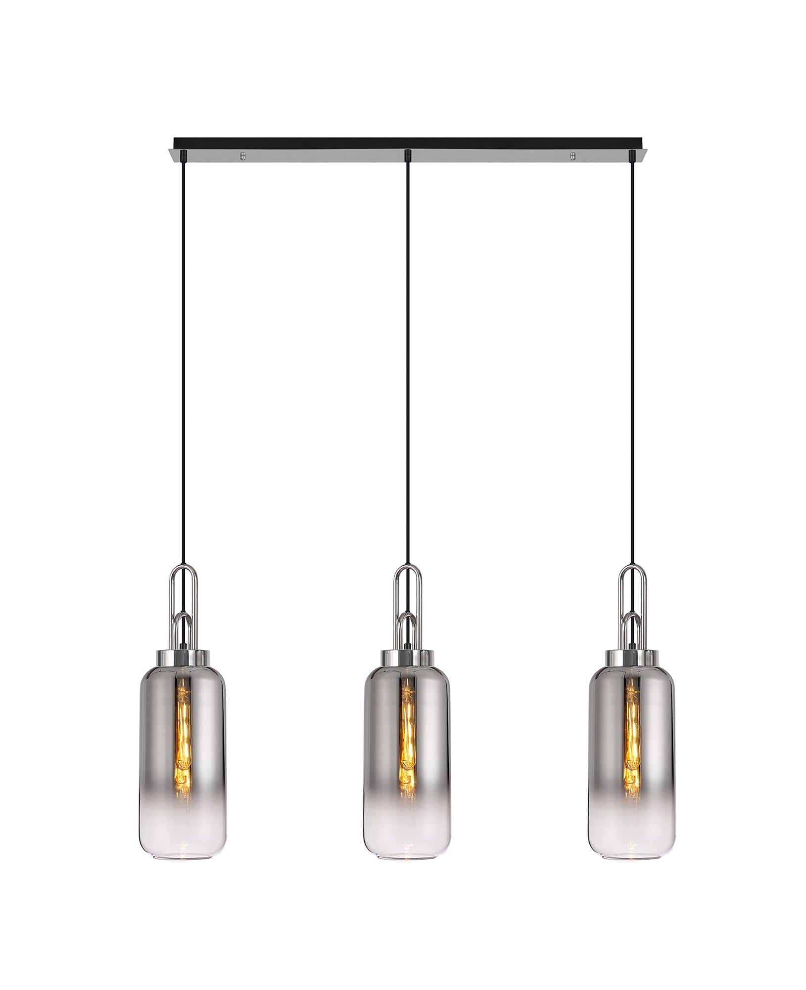 Cadiz Linear 3 Light Pendant E27 With 30cm Globe Glass, Smoked/Clear Polished Nickel/Matt Black