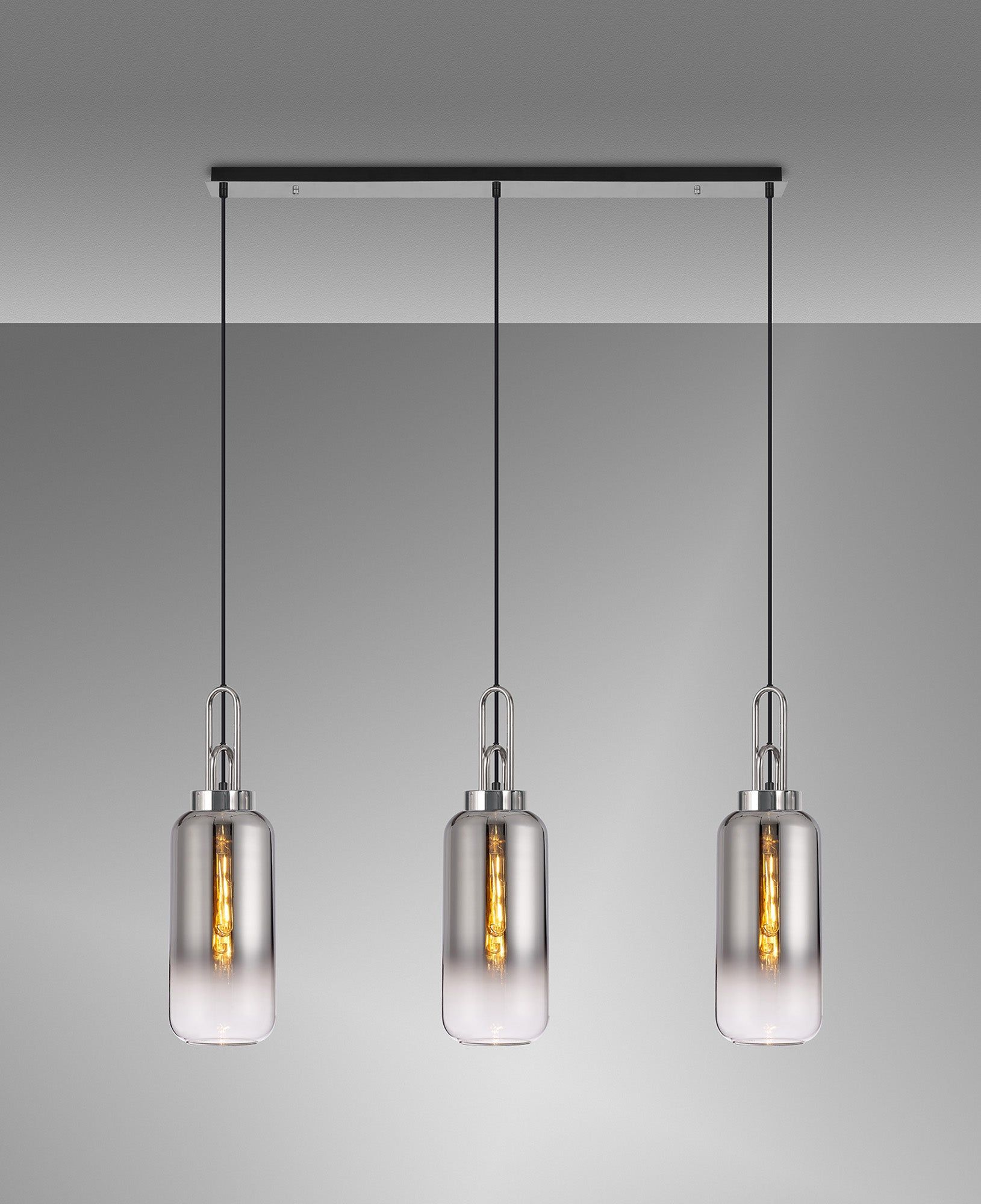 Cadiz Linear 3 Light Pendant E27 With 16cm Cylinder Glass, Smoked/Clear Polished Nickel/Matt Black