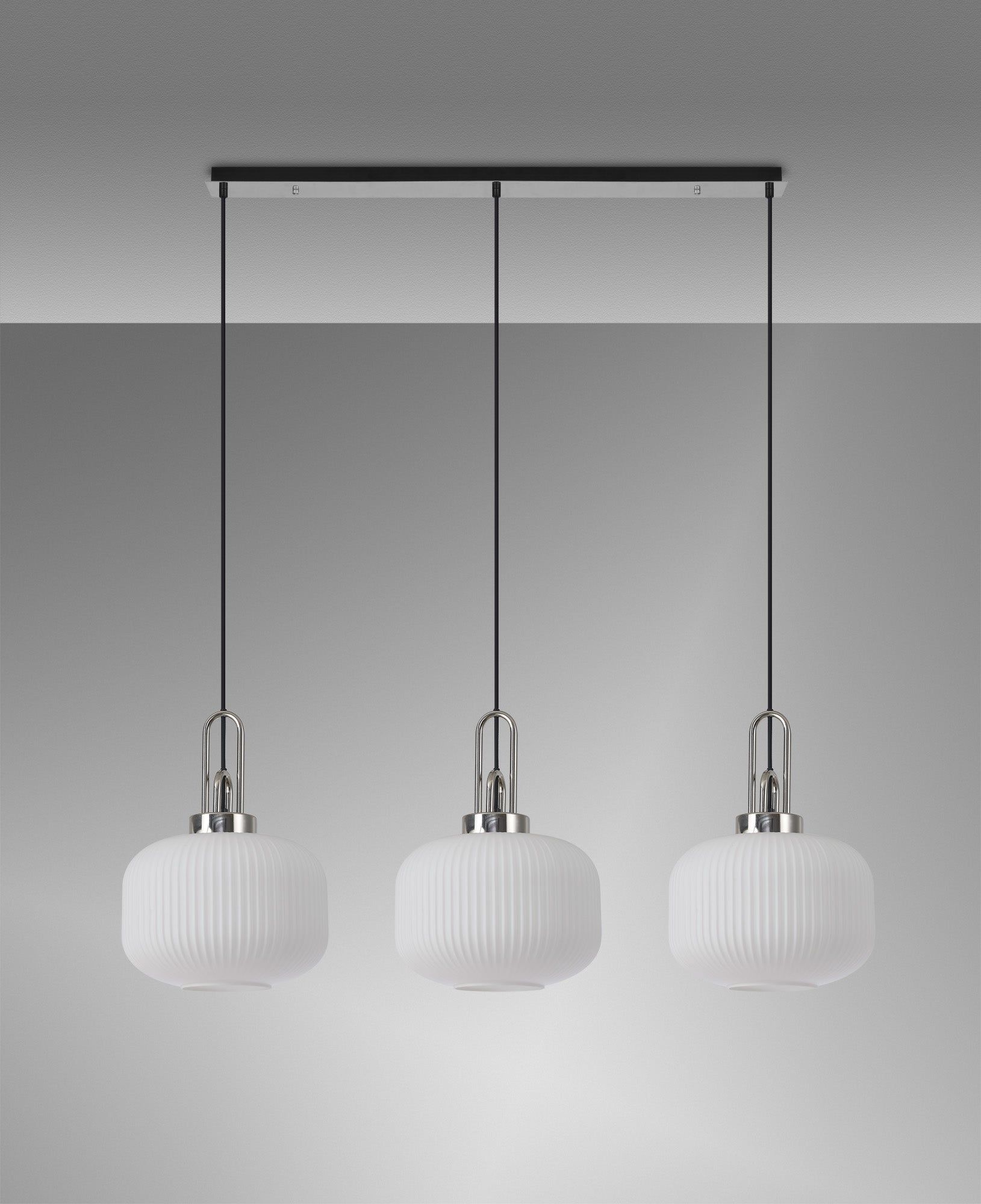 Cadiz Linear 3 Light Pendant E27, Polished Nickel/Matt Black With 30cm Pumpkin Shaped Ribbed Opal Glass
