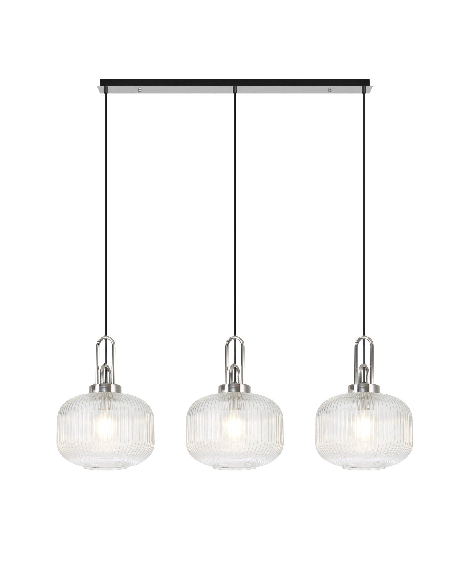 Cadiz Linear 3 Light Pendant E27, Polished Nickel/Matt Black With 30cm Pumpkin Shaped Ribbed Opal Glass