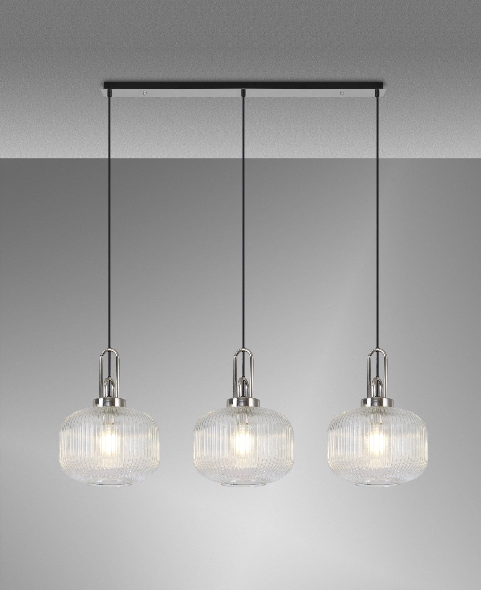 Acree Linear 3 Light Pendant E27, Polished Nickel/Matt Black With 30cm Pumpkin Shaped Ribbed Clear GlassLinear 3 Light Pendant E27, Polished Nickel/Matt Black With 30cm Pumpkin Shaped Ribbed Clear Glass