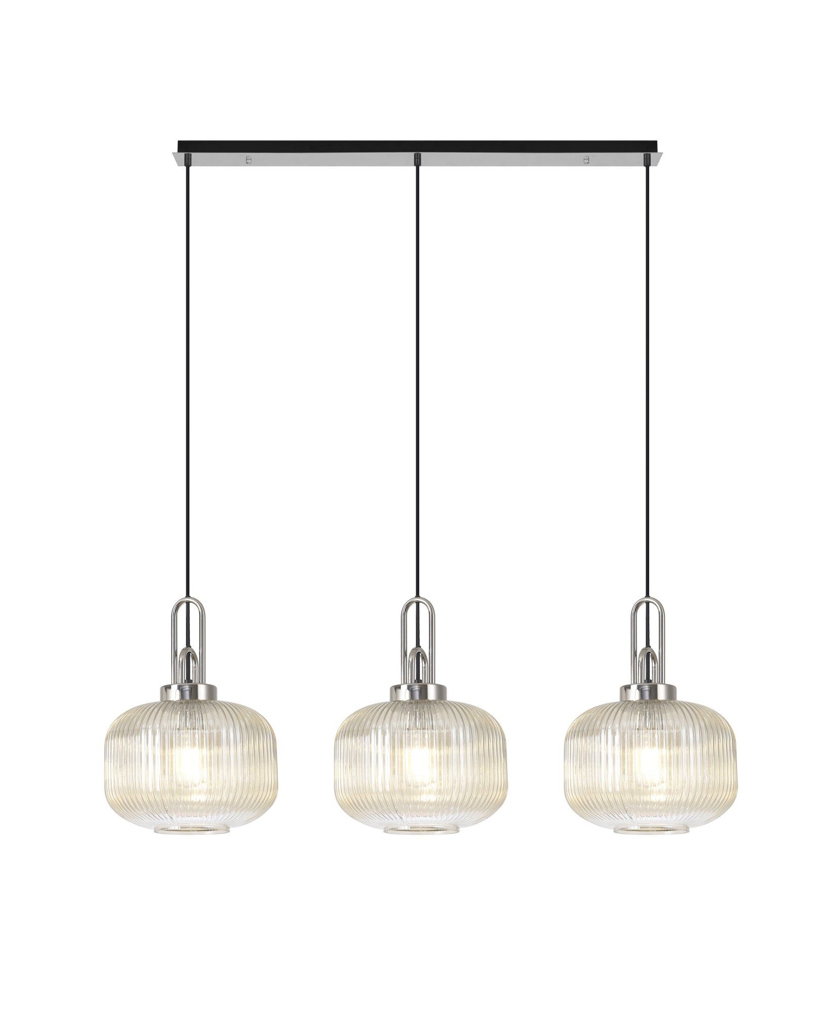 Acree Linear 3 Light Pendant E27, Polished Nickel/Matt Black With 30cm Pumpkin Shaped Ribbed Clear GlassLinear 3 Light Pendant E27, Polished Nickel/Matt Black With 30cm Pumpkin Shaped Ribbed Clear Glass