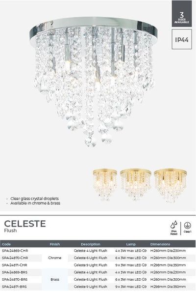 Celeste 4 Light/6 Light/9 Light Crystal Flush Ceiling Light in Chrome/Satin Brass Finish