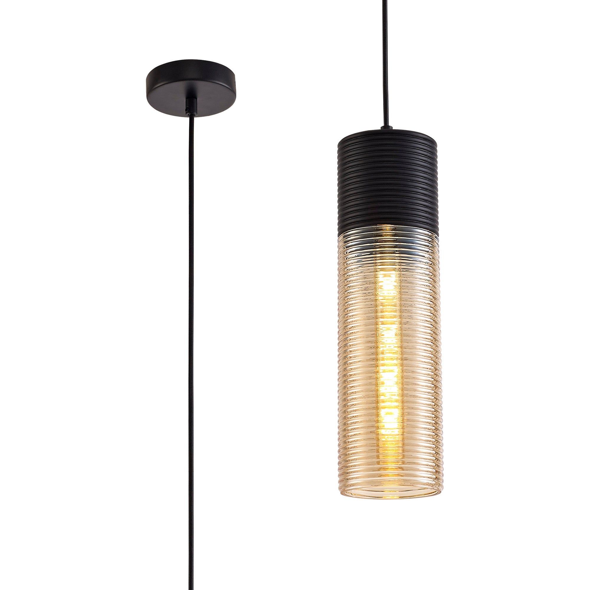 Cinto Single Cone/Tube  Pendant 1 Light E27, Black/Amber Glass