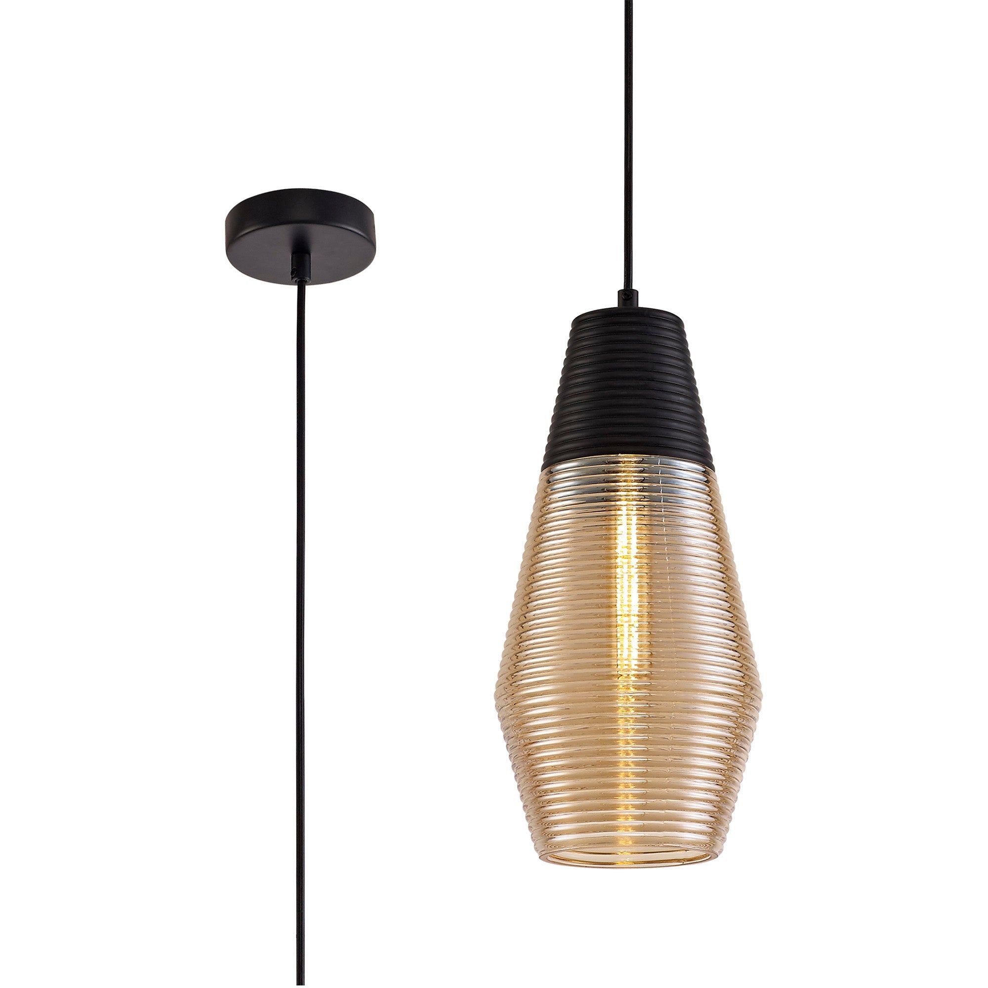 Cinto Single Cone/Tube  Pendant 1 Light E27, Black/Amber Glass