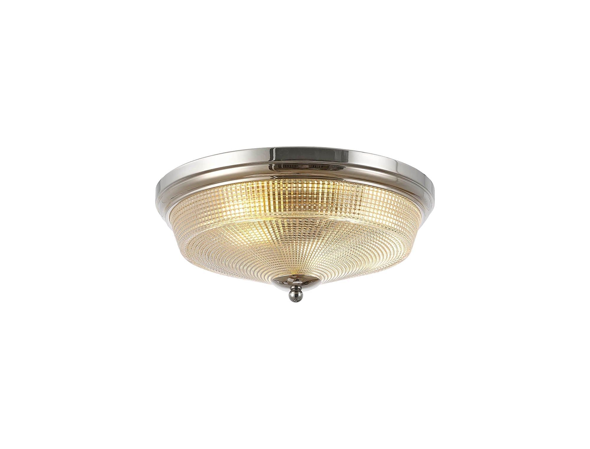 Shelbourne 2 Light E27 Flush Ceiling Light, Polished Nickel / Prismatic Glass