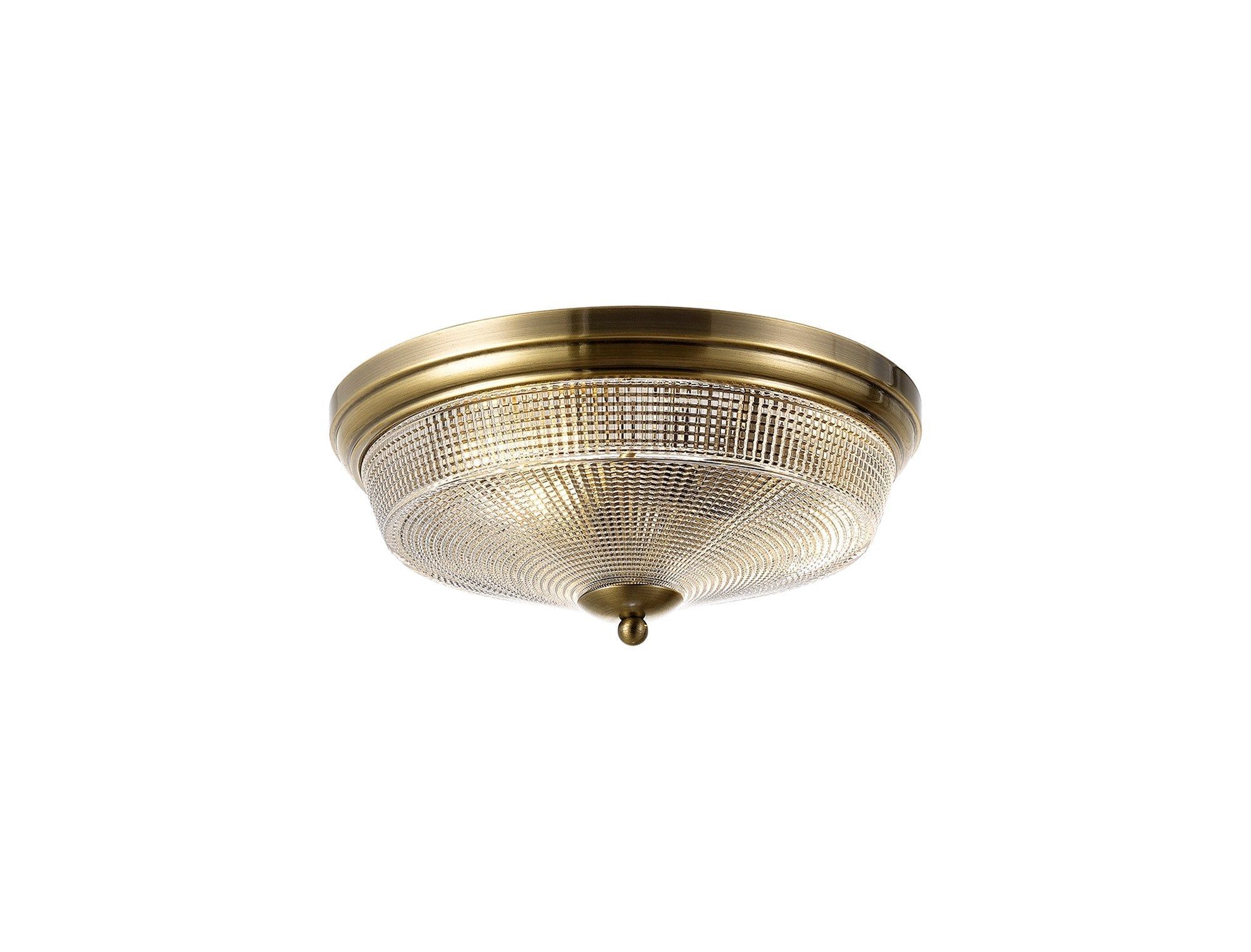 Shelbourne 2 Light E27 Flush Ceiling Light, Antique Brass / Prismatic Glass